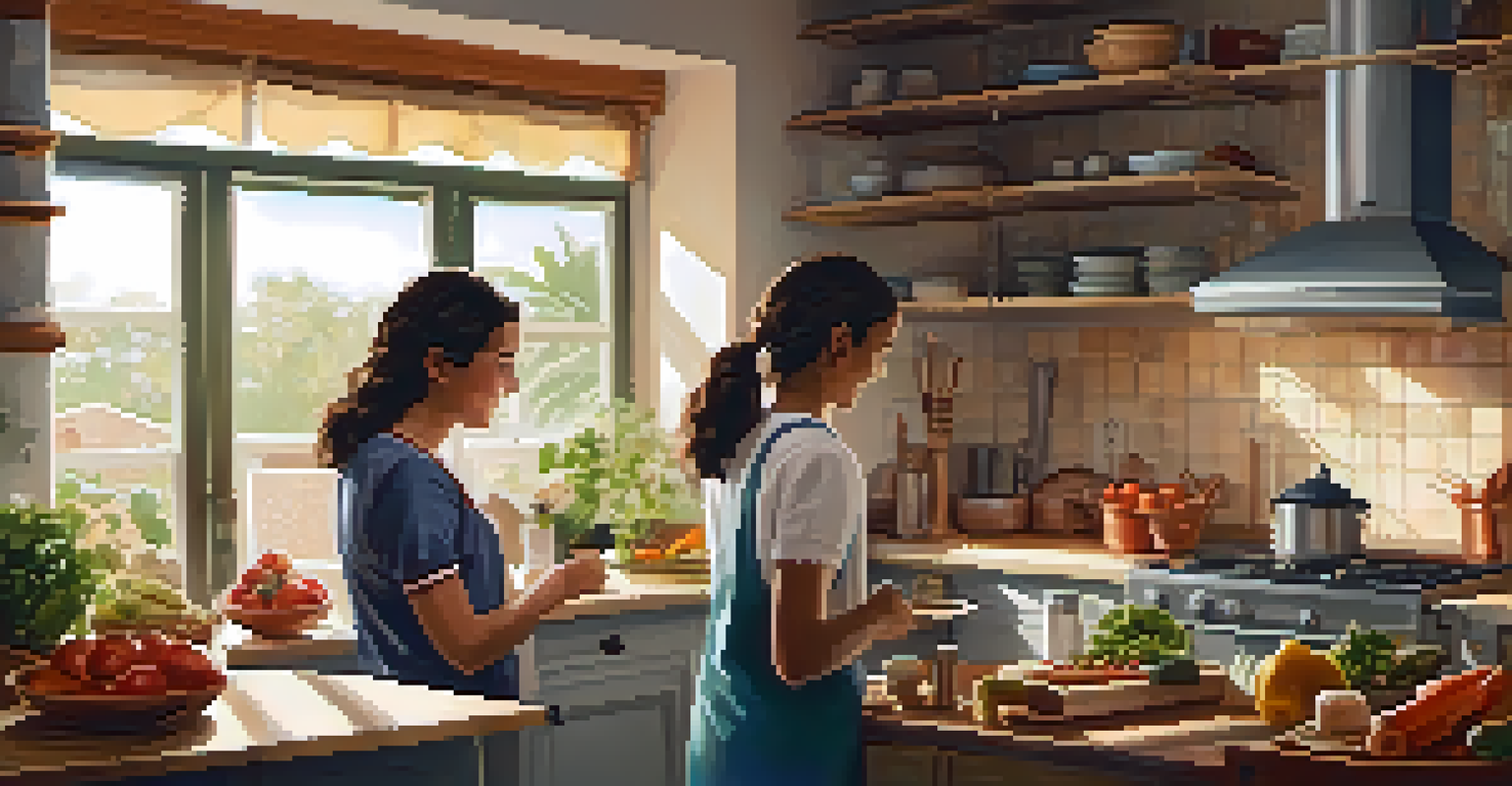 A student and a host family member cooking traditional Spanish dishes together in a warm and inviting kitchen.