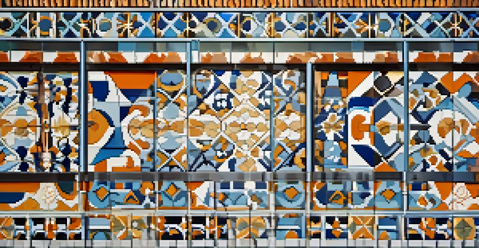 A close-up view of colorful ceramic tiles on a modern building in Valencia, showcasing intricate patterns and vibrant colors.