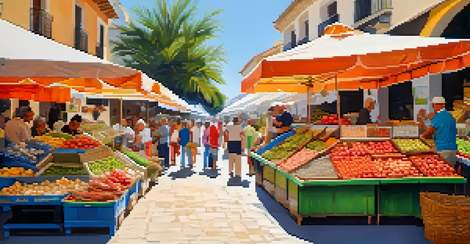 A bustling outdoor market in Villajoyosa, featuring colorful stalls with seafood, fruits, and artisan goods under warm sunlight.