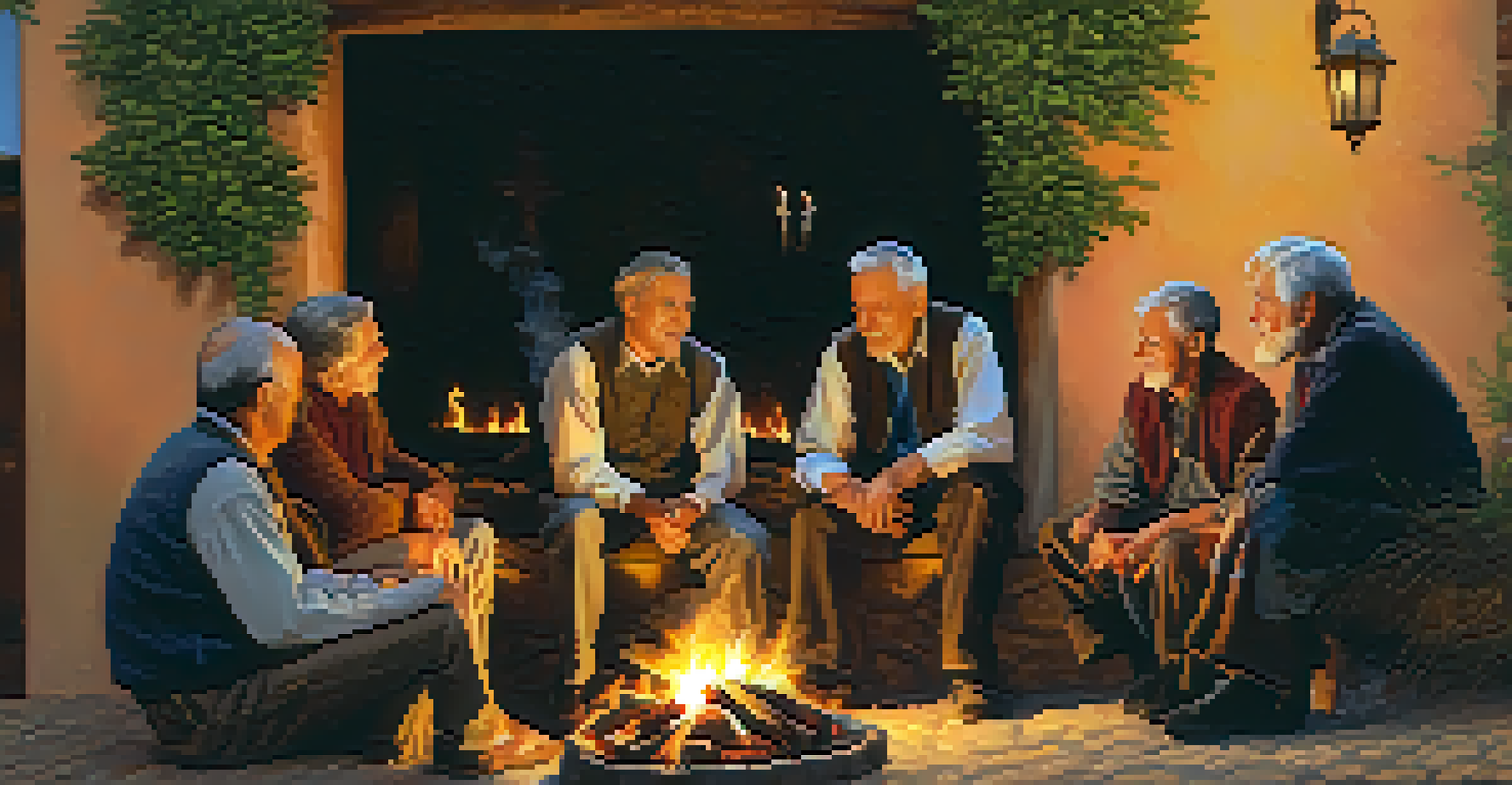Elders sharing stories around a fire in a rustic village, with younger listeners captivated by the tales.