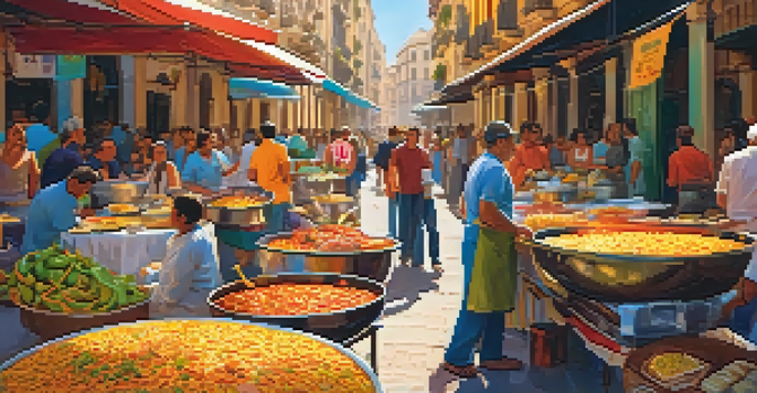 A busy street food market in Valencia, with a vendor cooking paella and customers enjoying the food in a colorful environment.