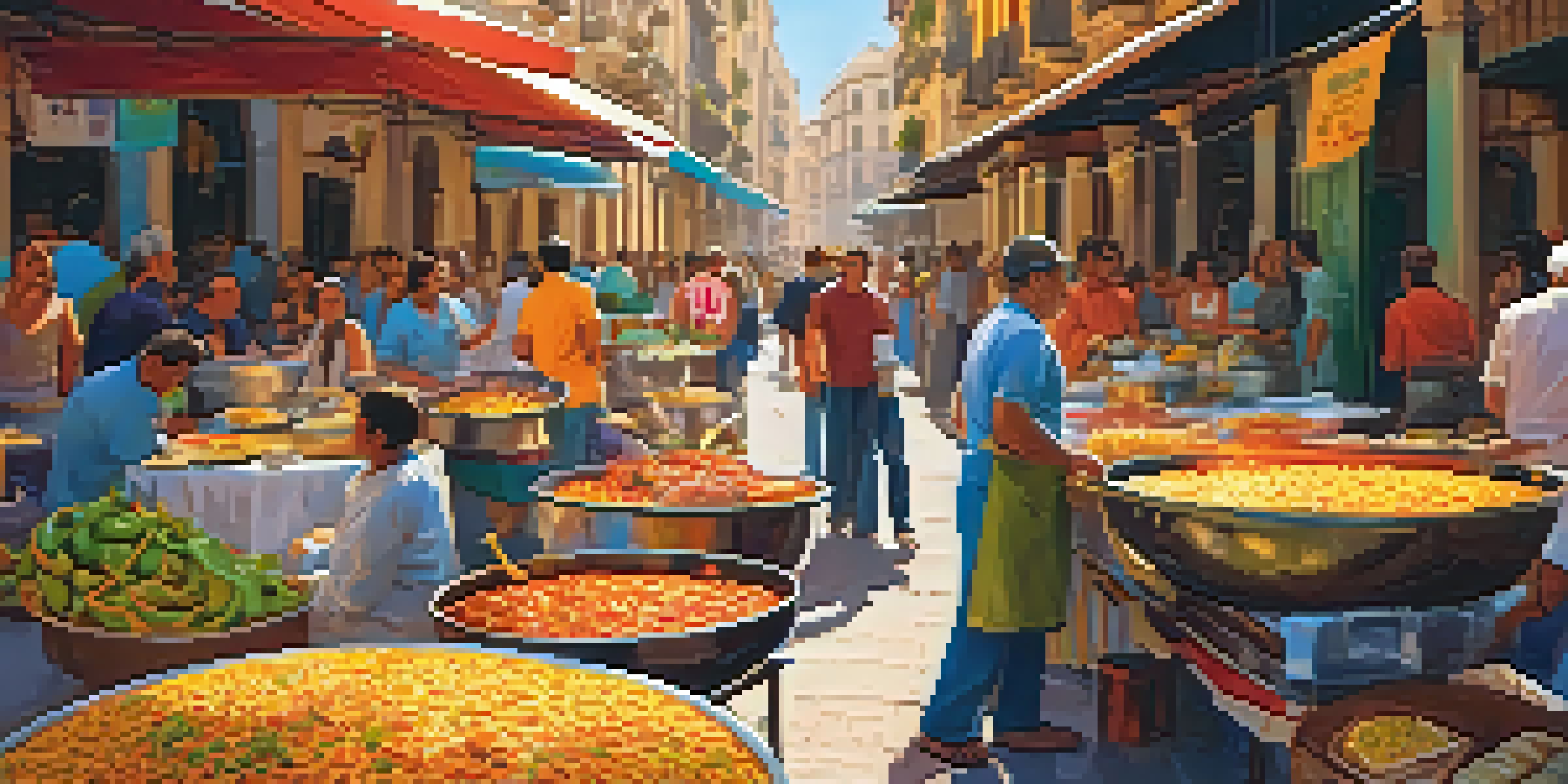 A busy street food market in Valencia, with a vendor cooking paella and customers enjoying the food in a colorful environment.