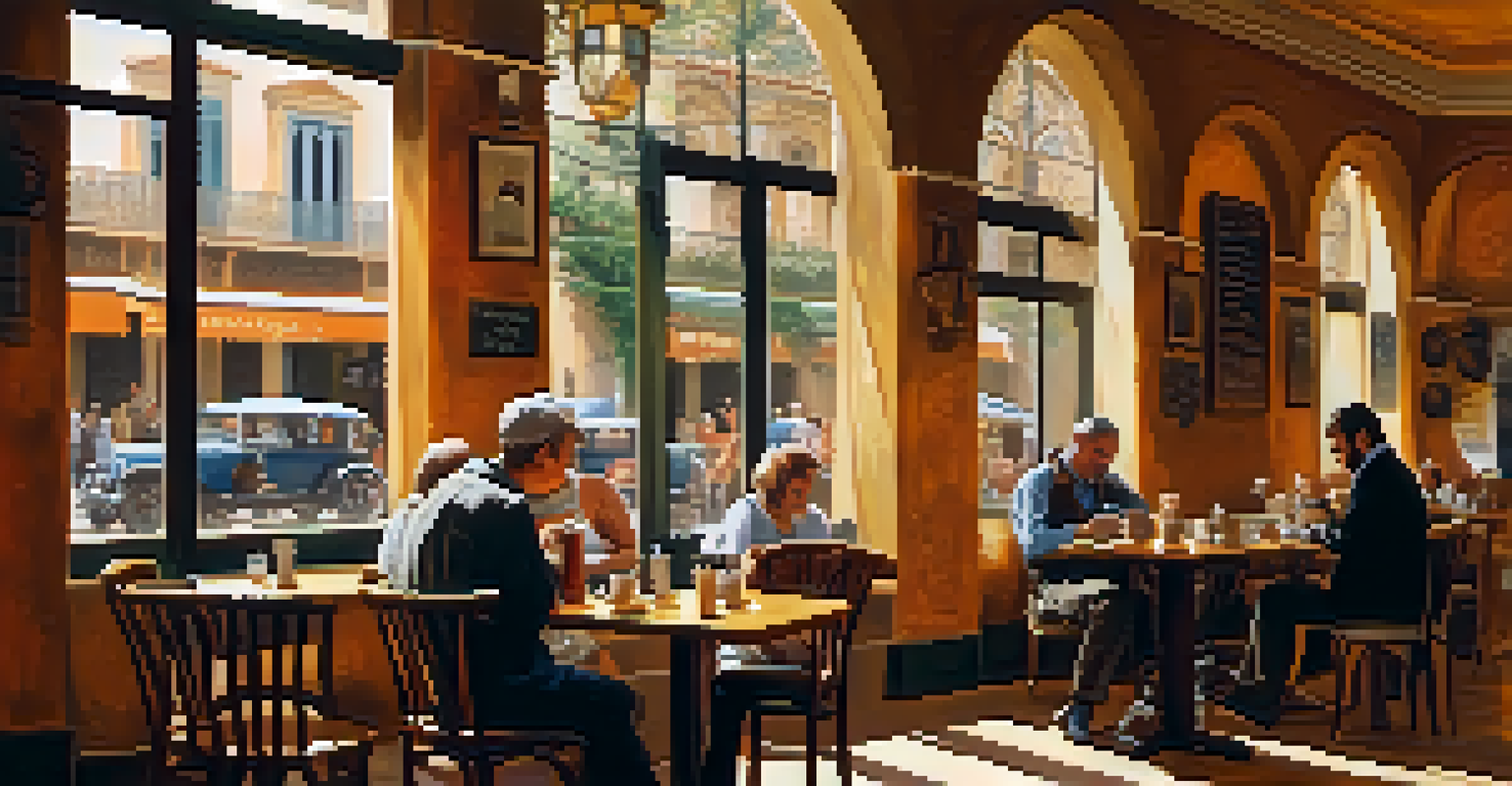 A cozy café in Seville with a writer at a table surrounded by coffee and pastries, illuminated by warm light.