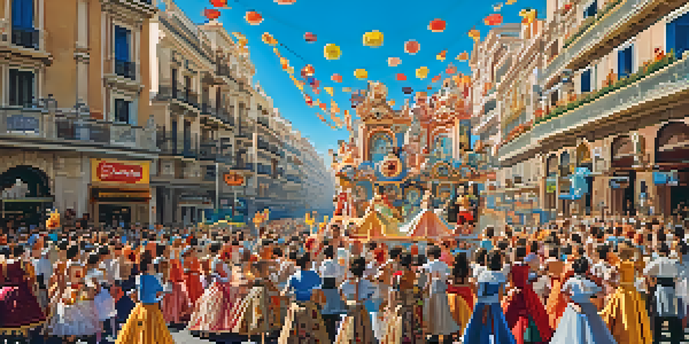 A lively street scene during Las Fallas festival, featuring large artistic sculptures and crowds in traditional costumes.