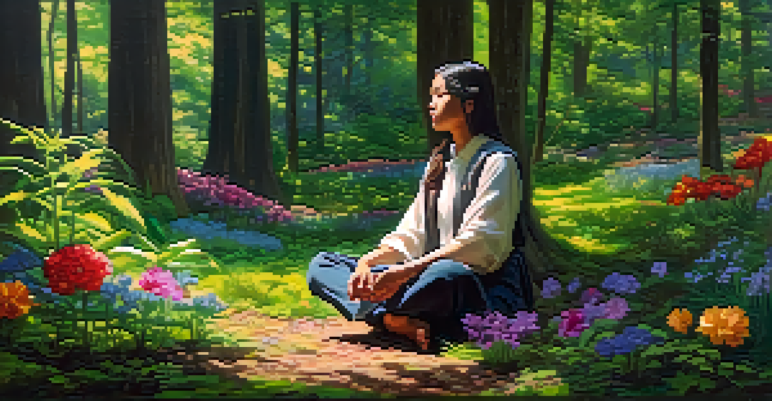 A gentle Cíclope sitting in a vibrant forest, surrounded by flowers and illuminated by soft sunlight.
