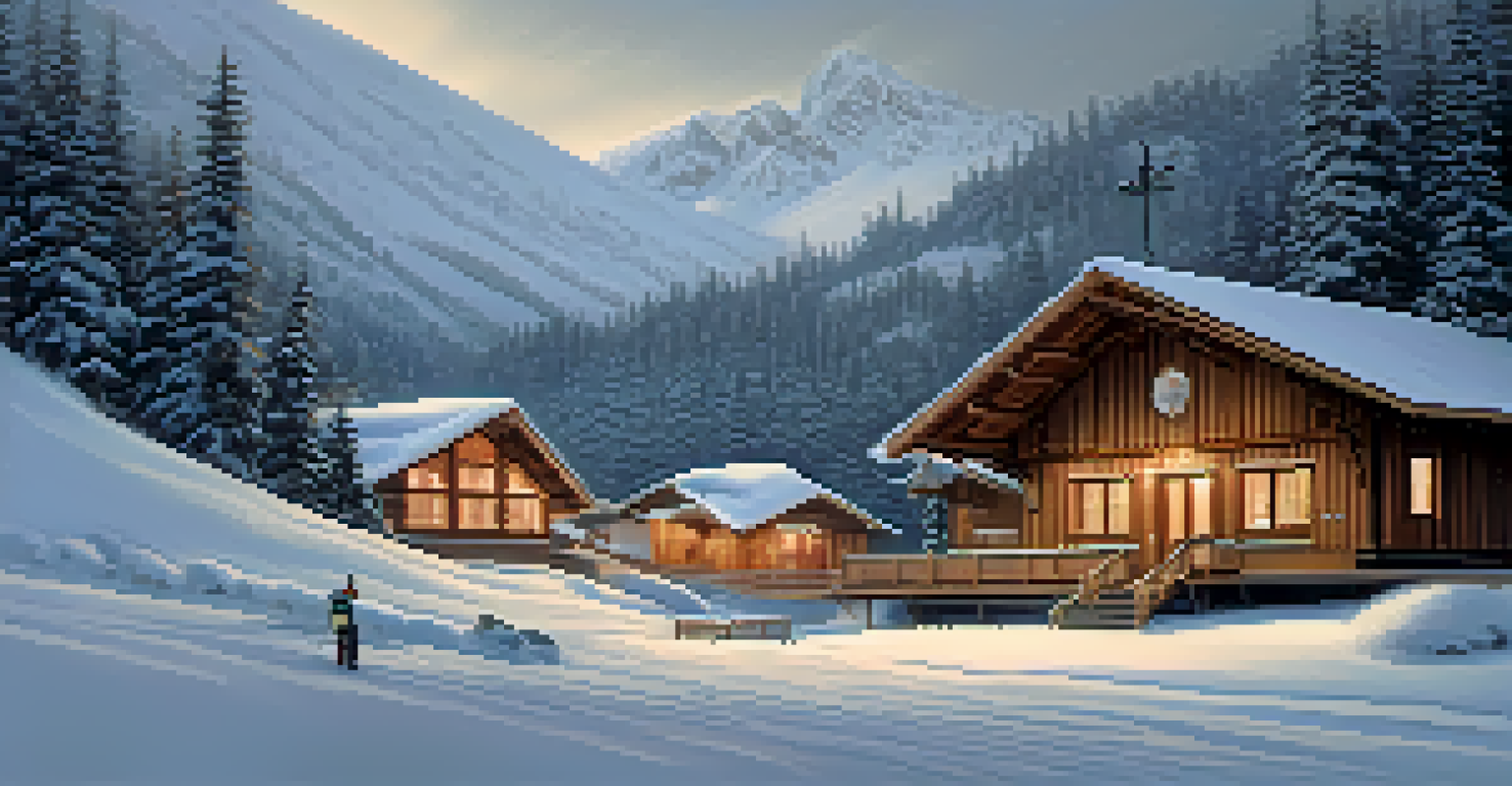 A quiet snowy landscape at Astún Ski Resort with beginners learning to ski and a cozy ski lodge in the background.