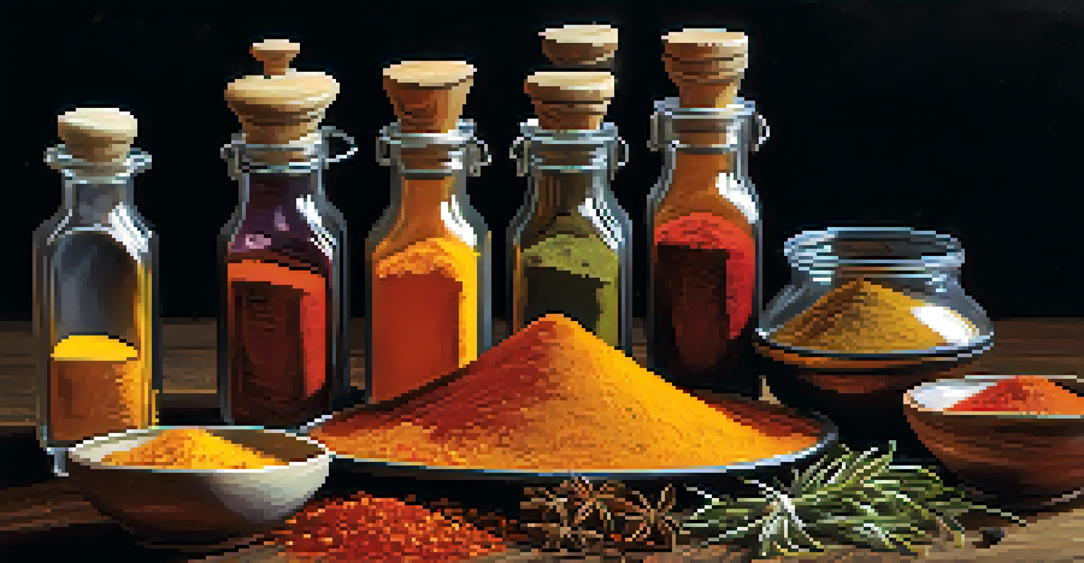 A collection of spices including saffron, paprika, cinnamon, and cumin on a dark wooden surface with olive oil and fresh herbs in the background.
