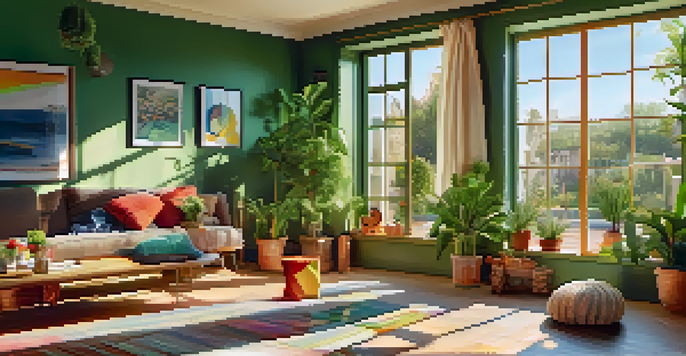 A pet-friendly accommodation in Spain with a dog bed, a cat playing with a toy, and sunlight streaming through windows.