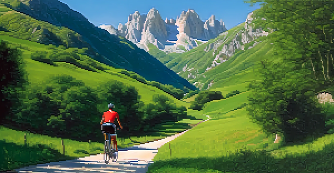 A cyclist riding through the lush valleys of the Picos de Europa mountain range under a blue sky.