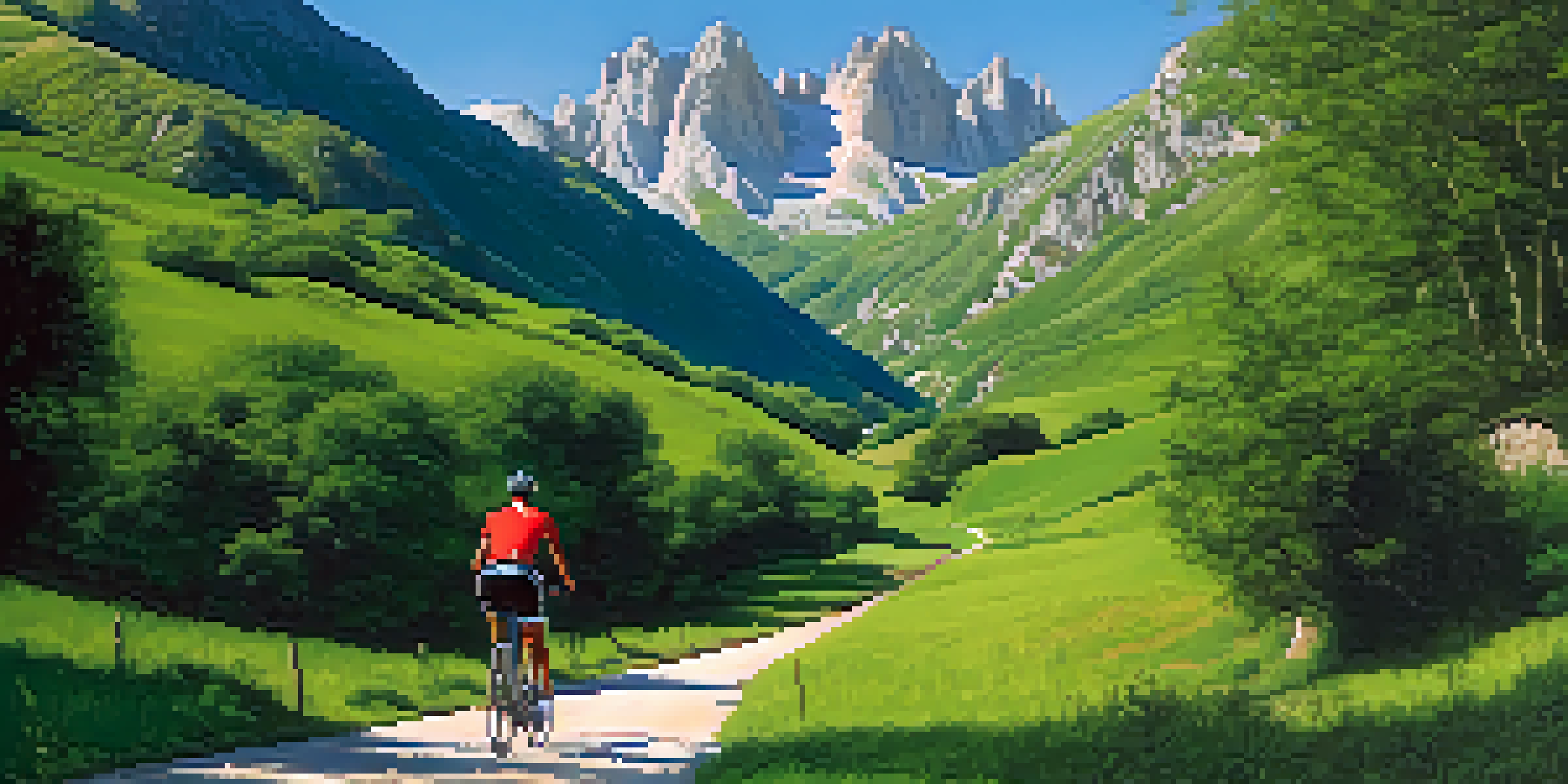 A cyclist riding through the lush valleys of the Picos de Europa mountain range under a blue sky.