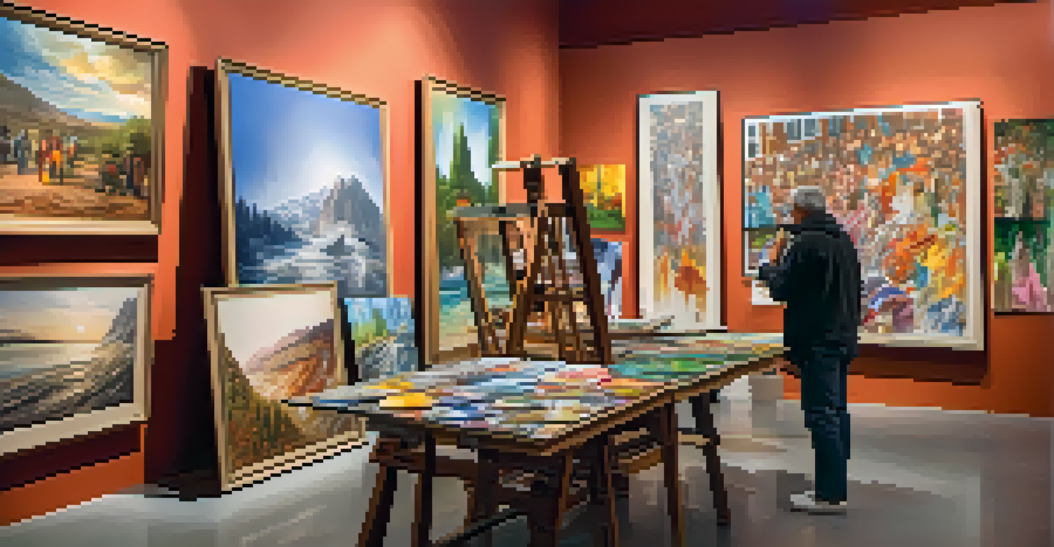 An artist painting in a gallery, depicting climate change themes with vibrant colors and a focused expression.