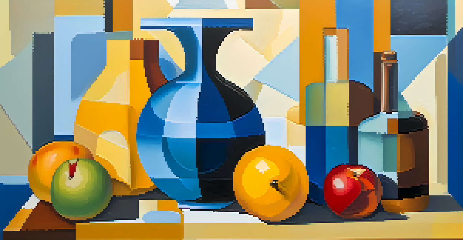 An abstract Cubist artwork featuring fragmented shapes and bold colors, depicting fruits, a guitar, and a vase.
