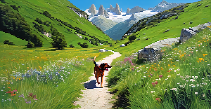 A scenic hiking trail with a dog running joyfully amidst mountains and wildflowers.