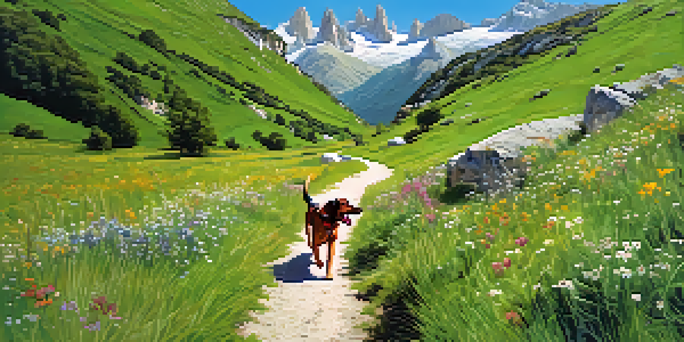 A scenic hiking trail with a dog running joyfully amidst mountains and wildflowers.