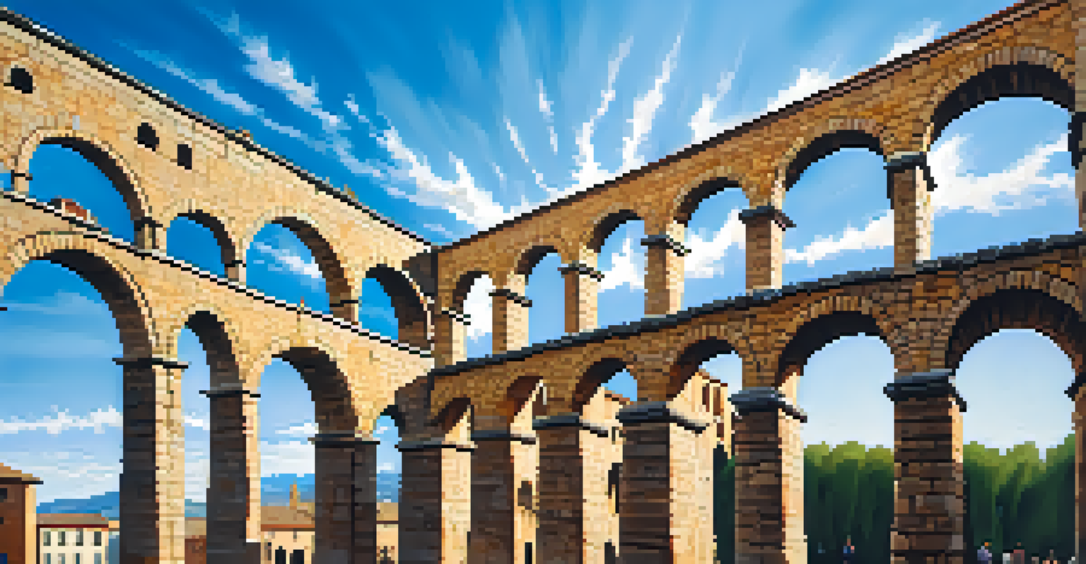 Roman Aqueduct of Segovia with impressive arches against a blue sky and old town in the background.