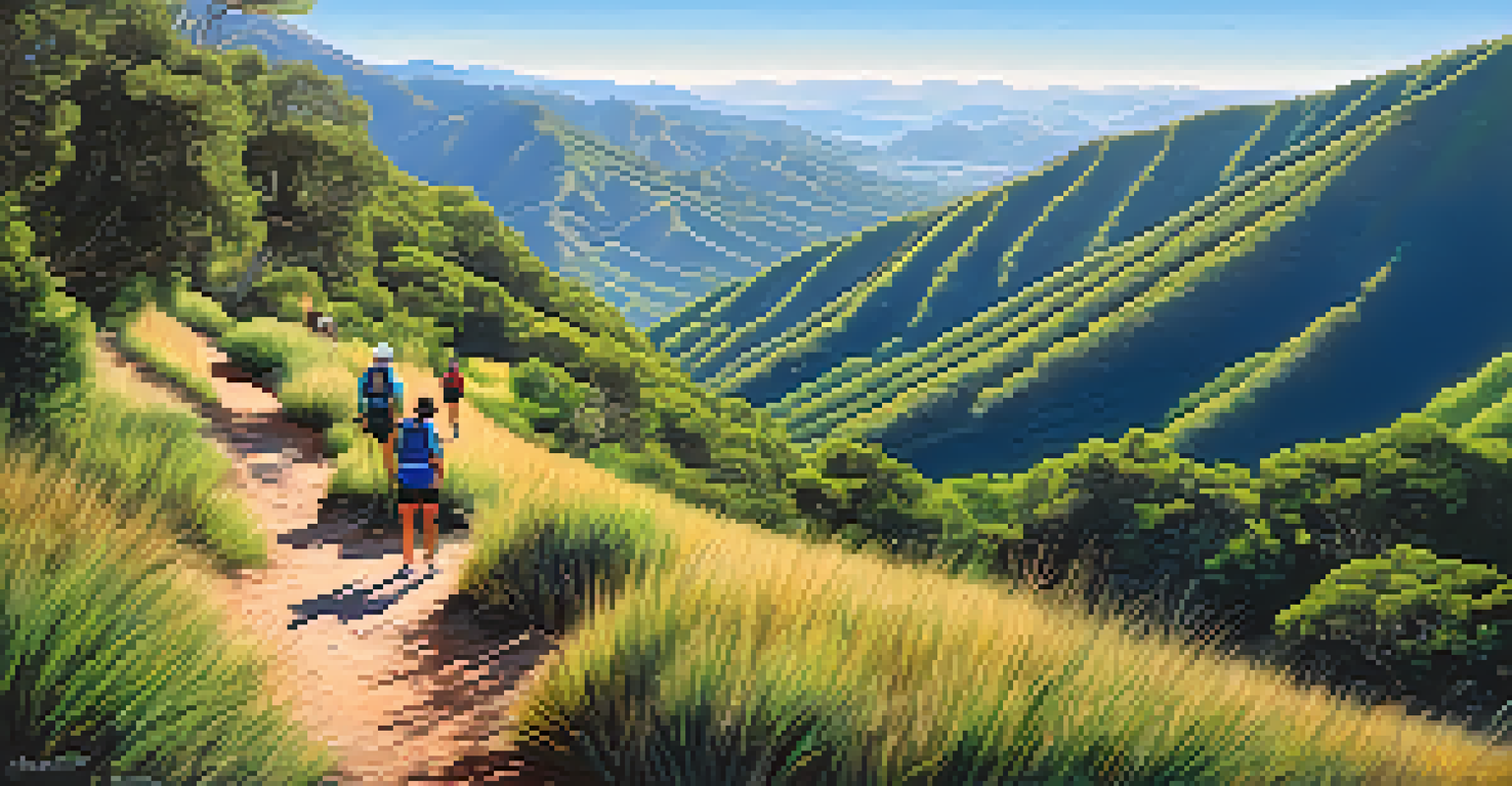 Hikers on a trail in Parque Natural Montes de Málaga, surrounded by lush mountains and a clear blue sky.