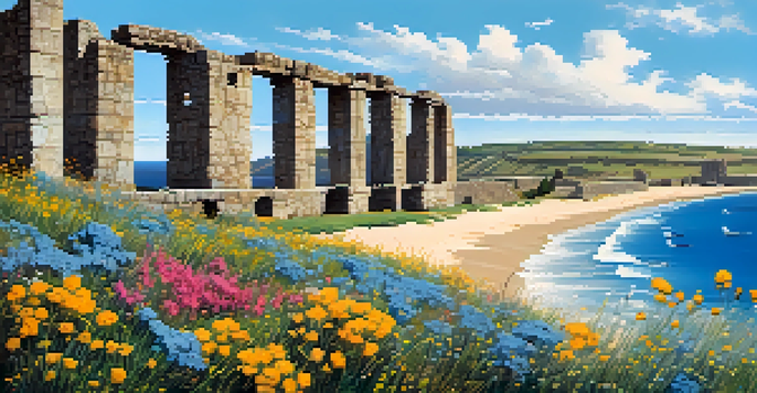 A panoramic view of Baelo Claudia ruins with the Atlantic Ocean in the background and colorful wildflowers in the foreground.
