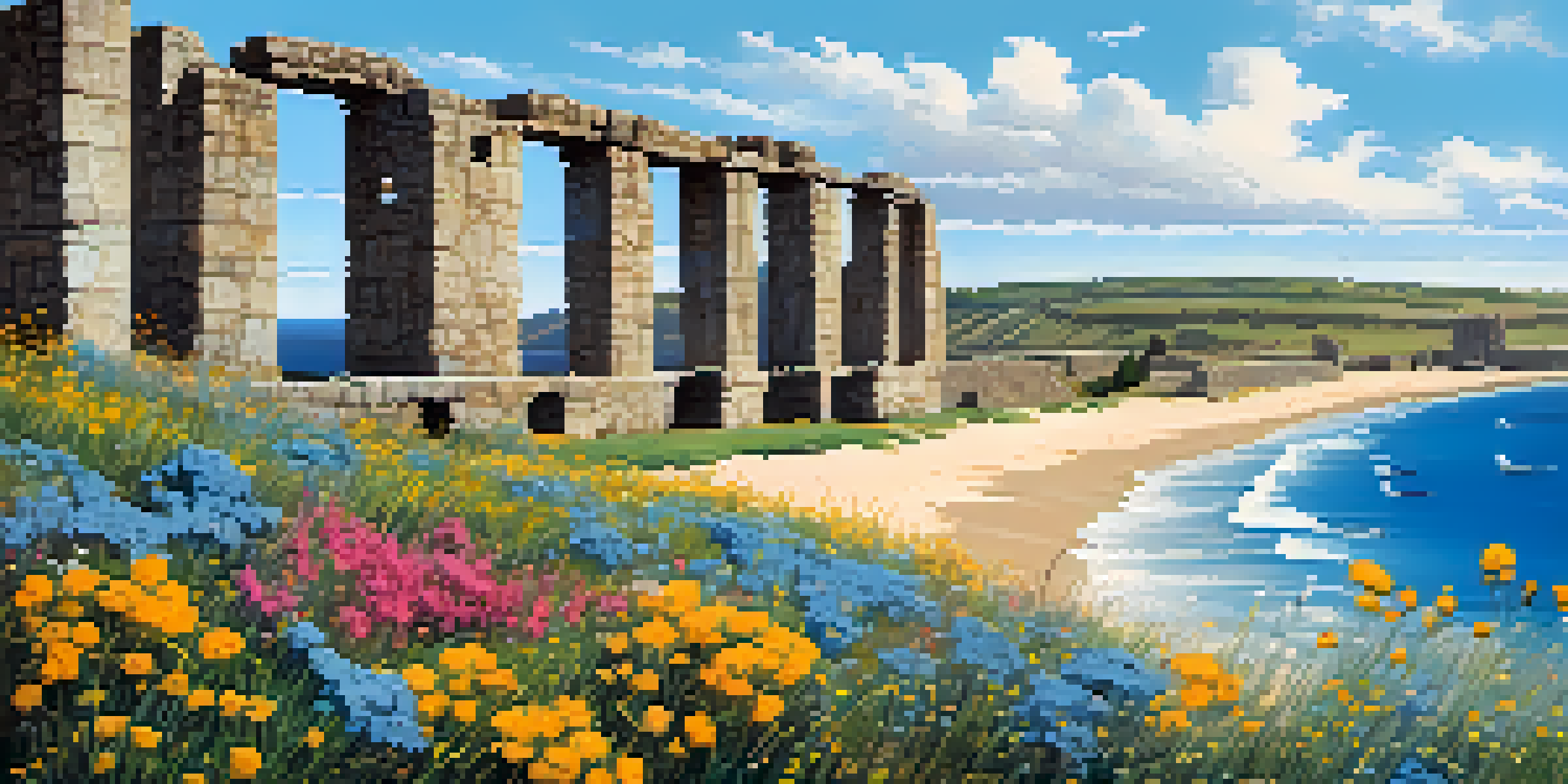 A panoramic view of Baelo Claudia ruins with the Atlantic Ocean in the background and colorful wildflowers in the foreground.