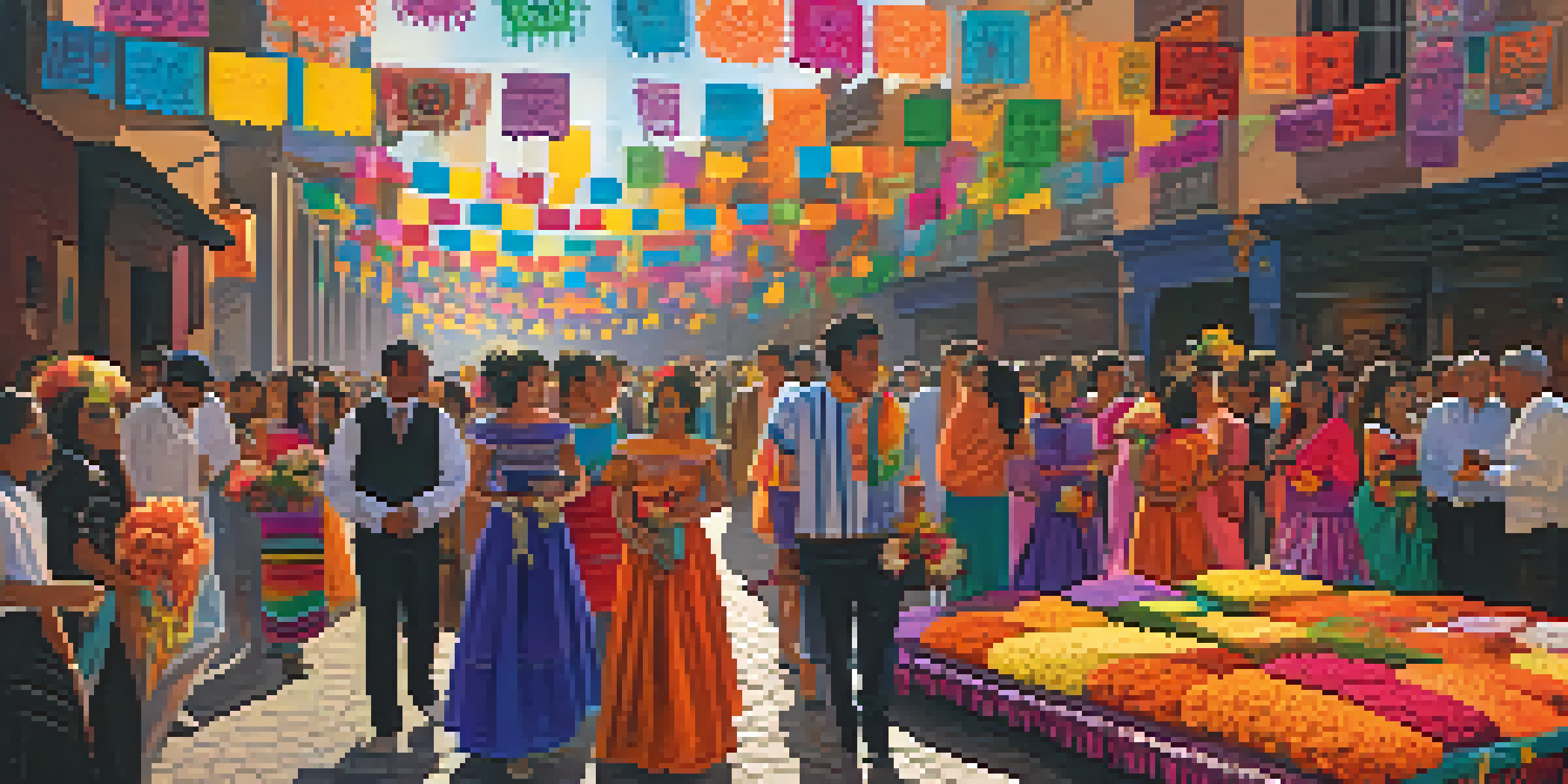 A lively street scene in Mexico City decorated for the Day of the Dead, showcasing colorful banners and families celebrating with altars.