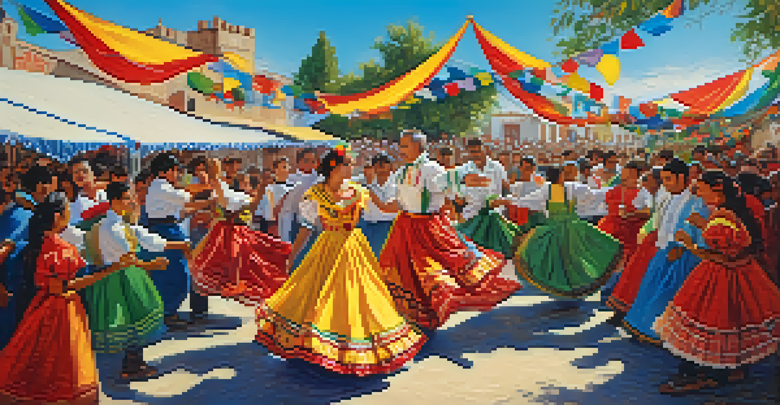 A lively Spanish festival with people dancing and a playful spirit interacting with children.
