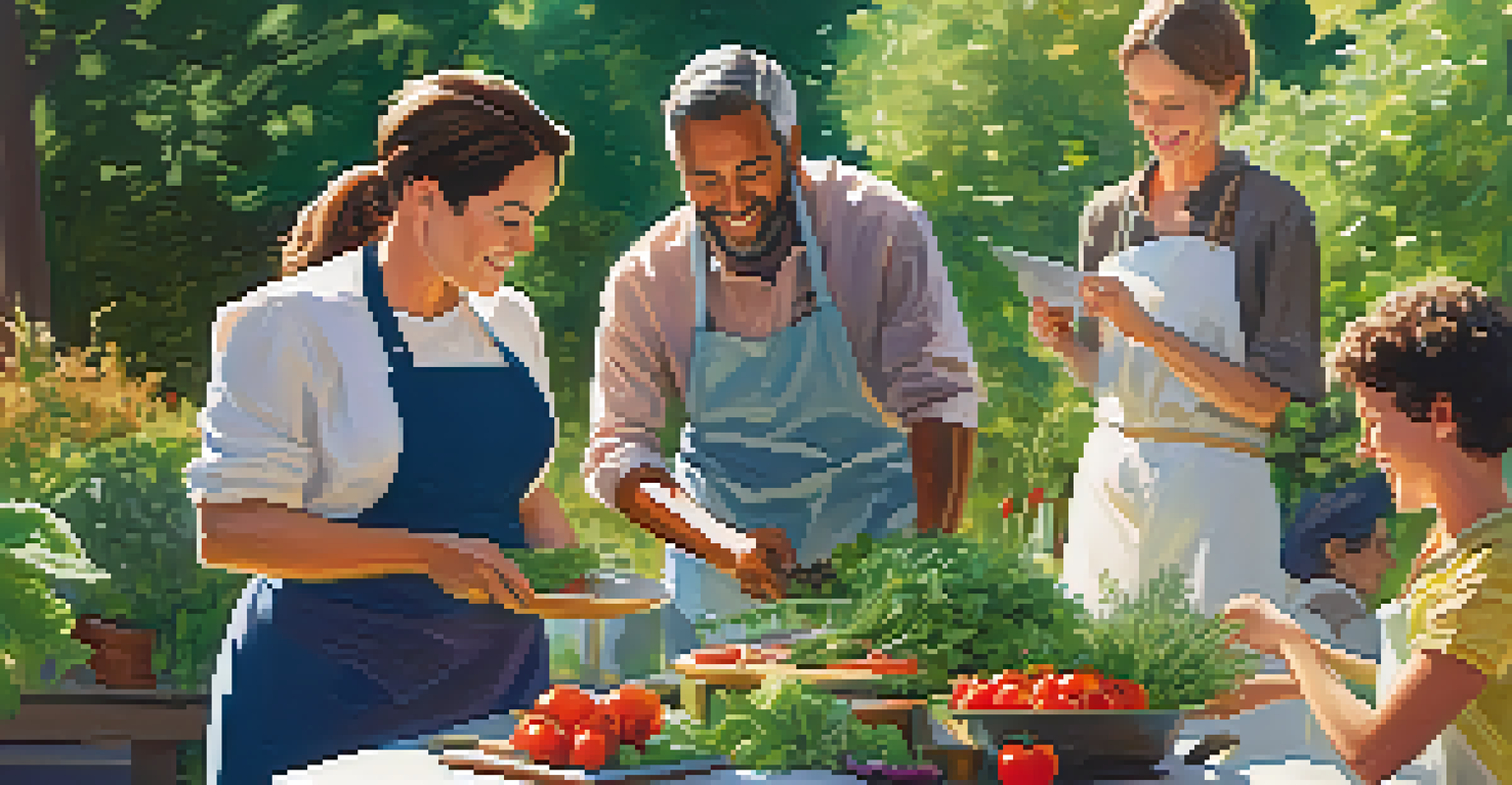 Participants in a garden setting engaged in an outdoor cooking class, surrounded by fresh herbs and vegetables, with sunlight filtering through the trees.