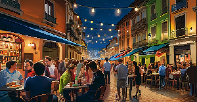 A vibrant street in Bilbao's Old Town with people dining outdoors at tapas bars, illuminated by warm lights, and surrounded by traditional Basque buildings under a clear night sky.