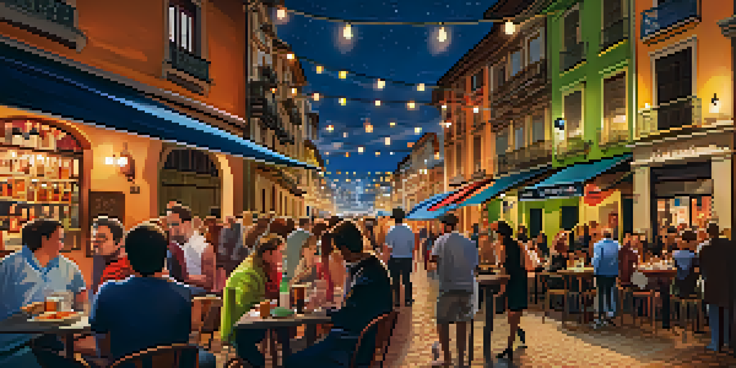 A vibrant street in Bilbao's Old Town with people dining outdoors at tapas bars, illuminated by warm lights, and surrounded by traditional Basque buildings under a clear night sky.