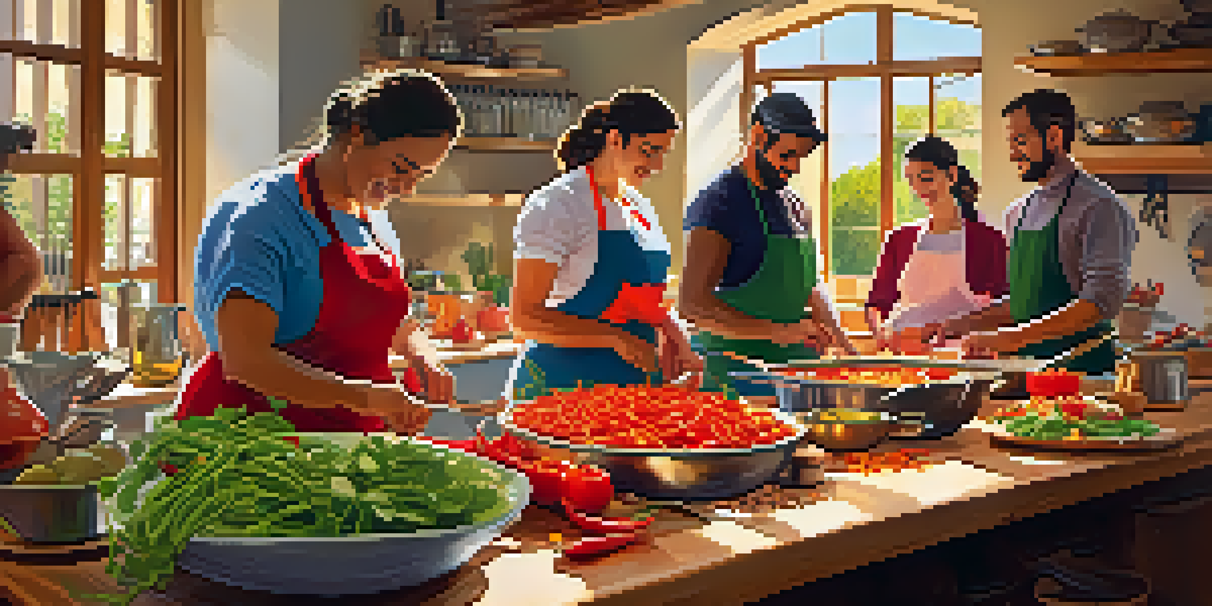 Participants in a Spanish cooking class joyfully preparing traditional dishes, surrounded by colorful ingredients and warm sunlight.