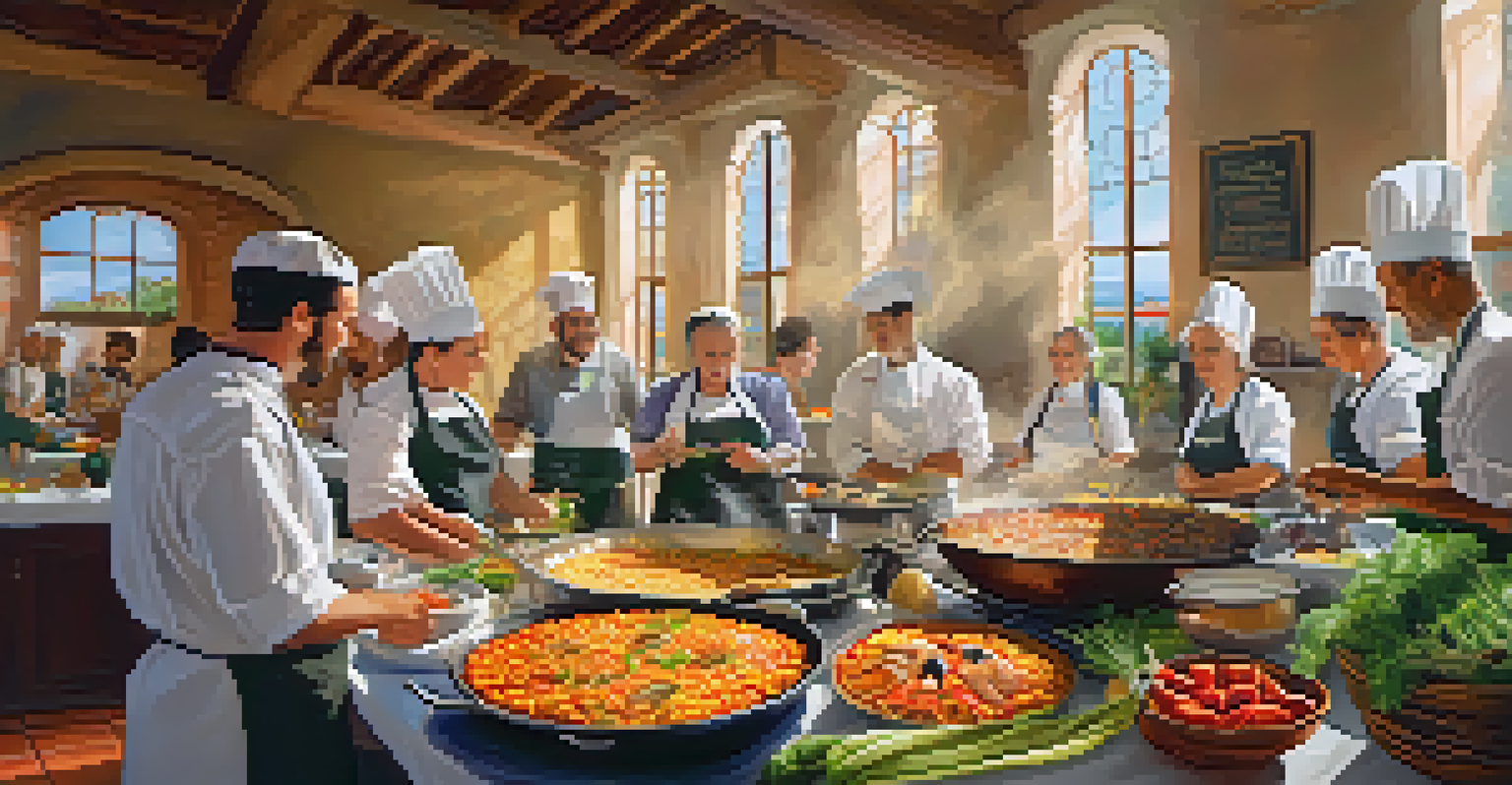 A traditional Spanish cooking class with a chef preparing paella, surrounded by fresh ingredients and engaged participants.