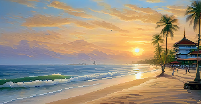 A tranquil beach in Thailand with a luxurious medical facility, palm trees, and a sunset in the background.