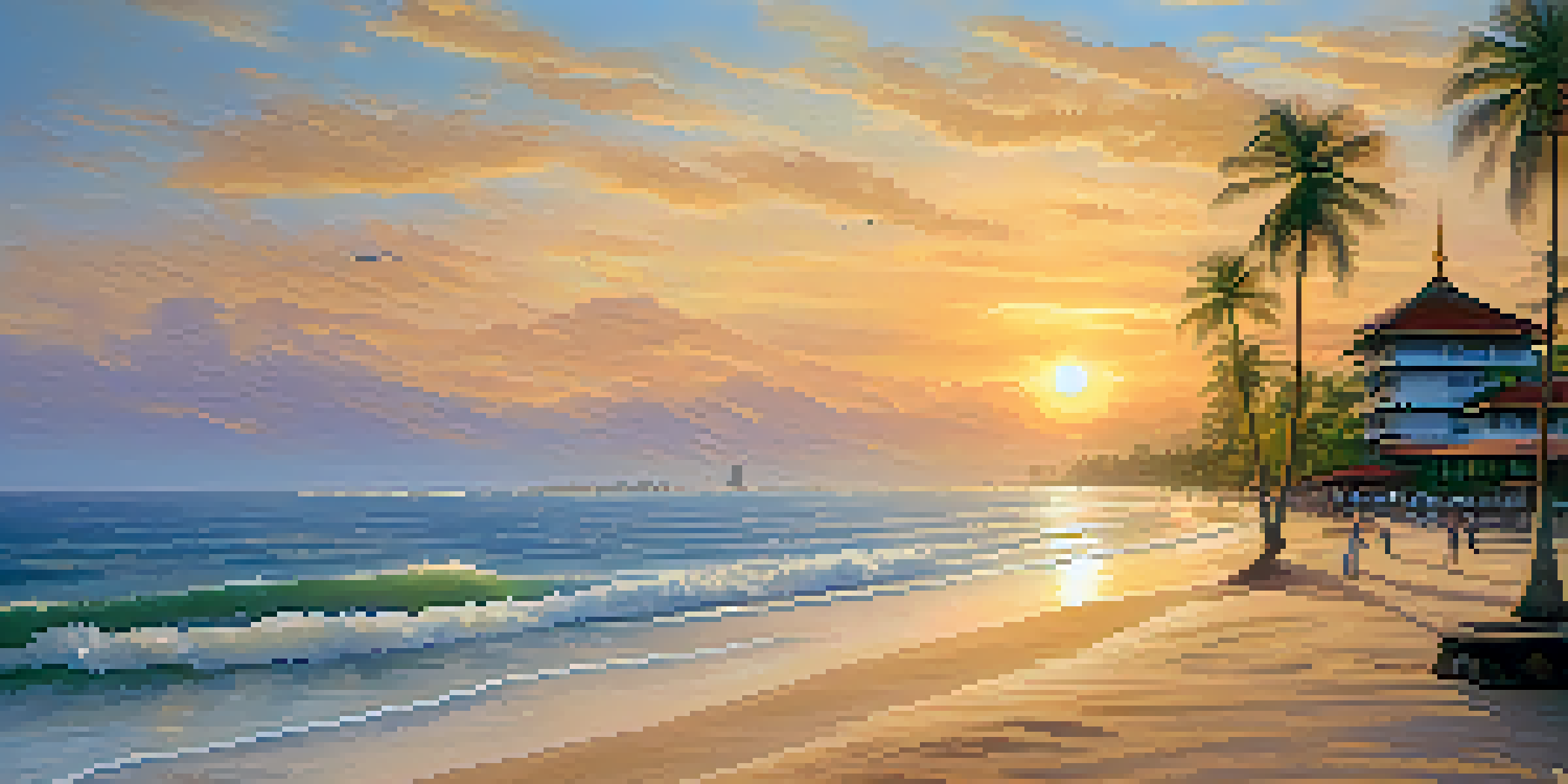 A tranquil beach in Thailand with a luxurious medical facility, palm trees, and a sunset in the background.