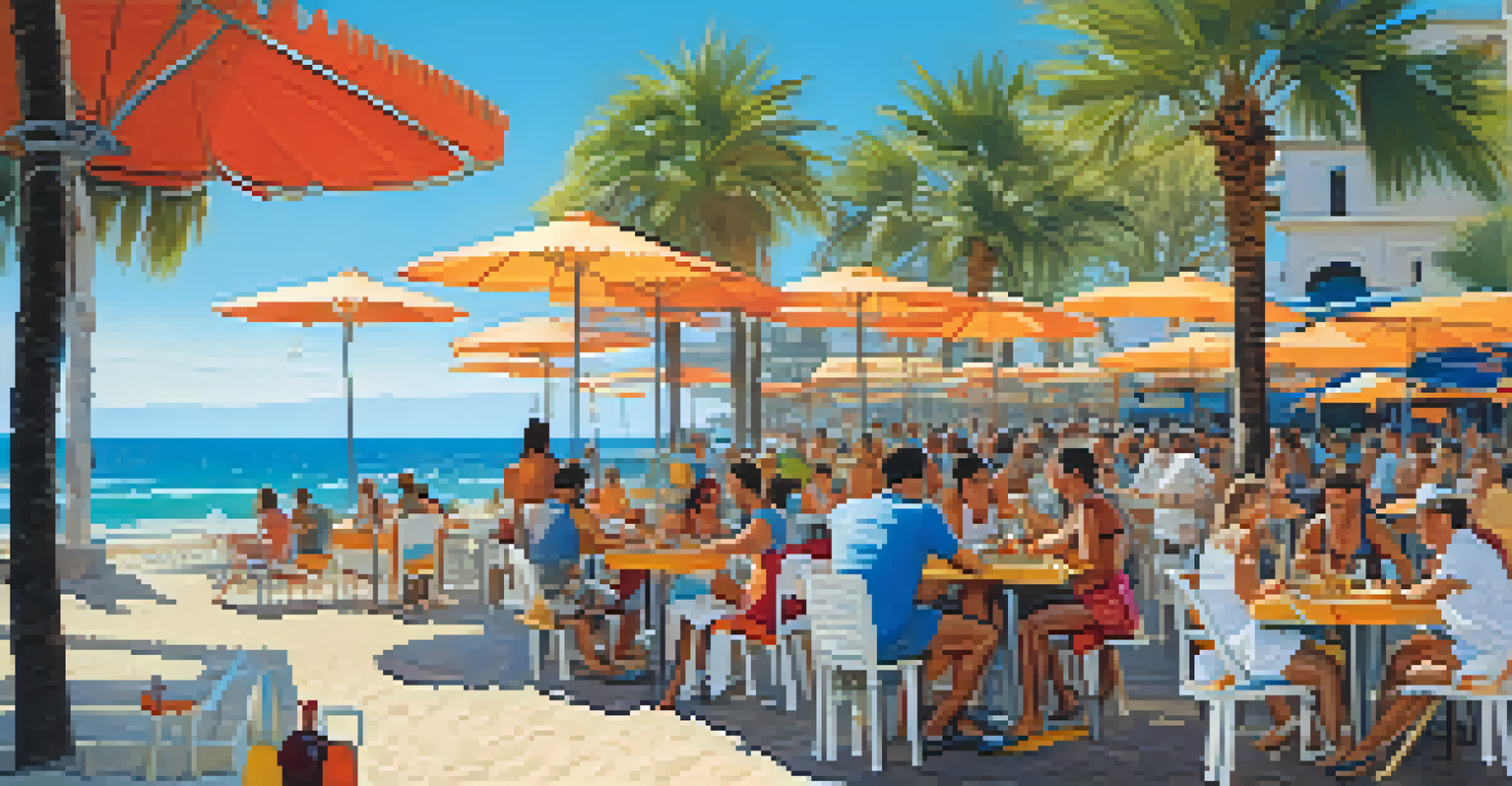 A lively beachside restaurant in Valencia with diners enjoying paella and a view of the beach.