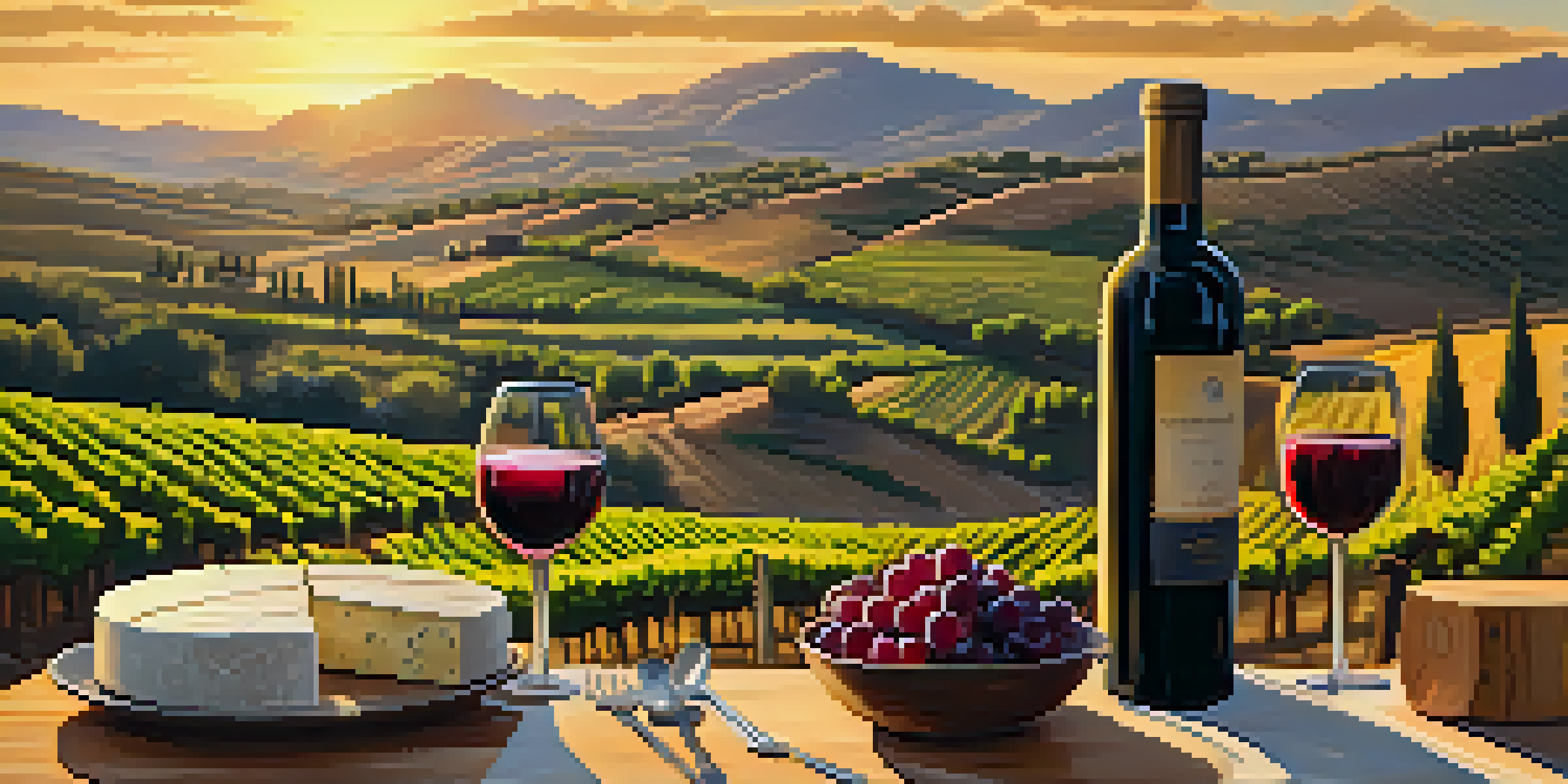 A picturesque vineyard in La Rioja at sunset, with grapevines and a rustic table set with wine and cheese.