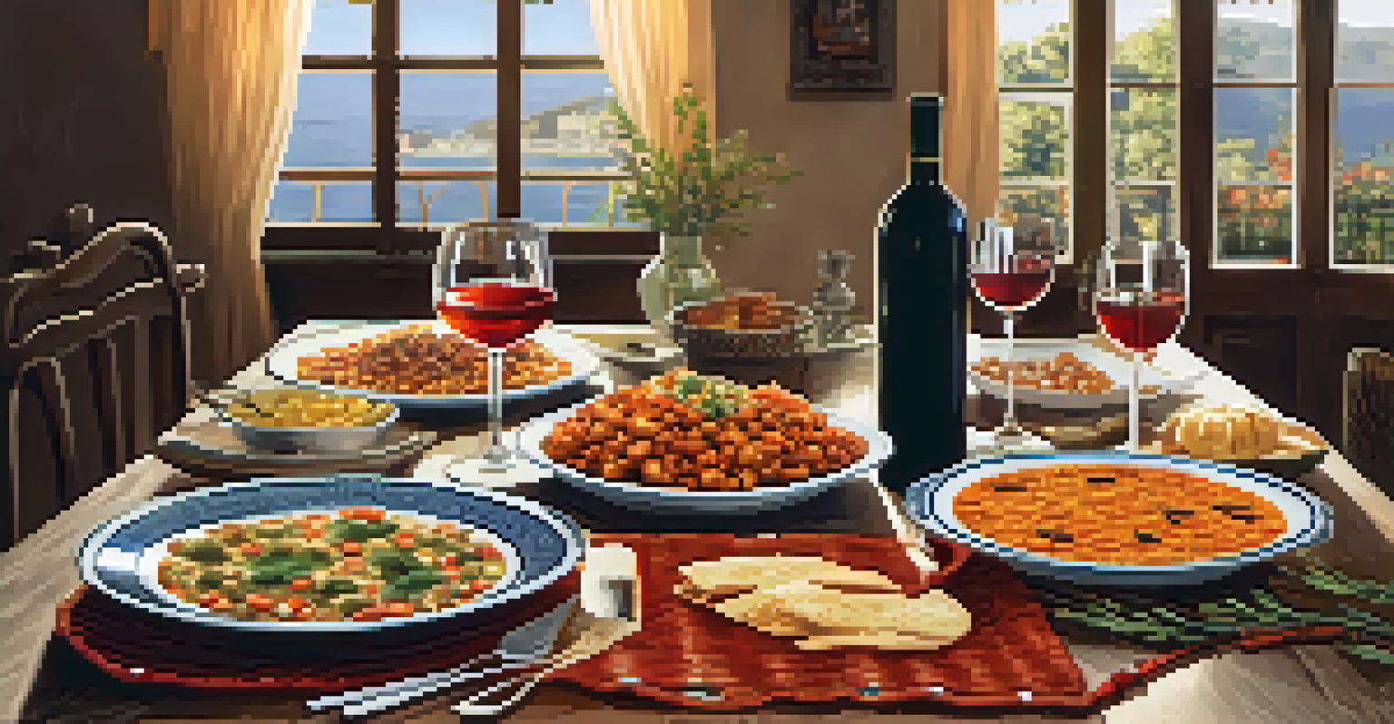 An elegantly set dining table featuring a paella dish and various tapas surrounded by candlelight.