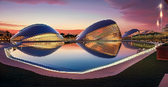 A view of the City of Arts and Sciences in Valencia during sunset, showcasing futuristic architectural structures and vibrant gardens.