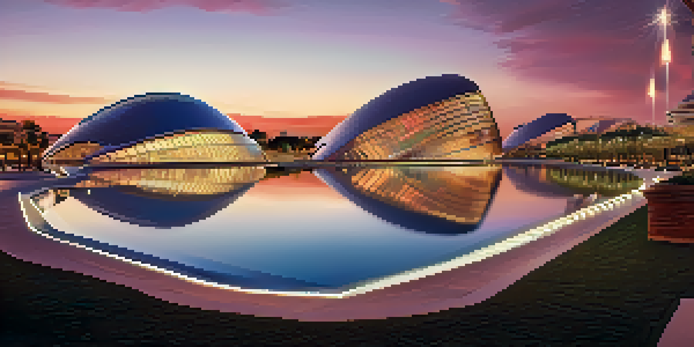 A view of the City of Arts and Sciences in Valencia during sunset, showcasing futuristic architectural structures and vibrant gardens.