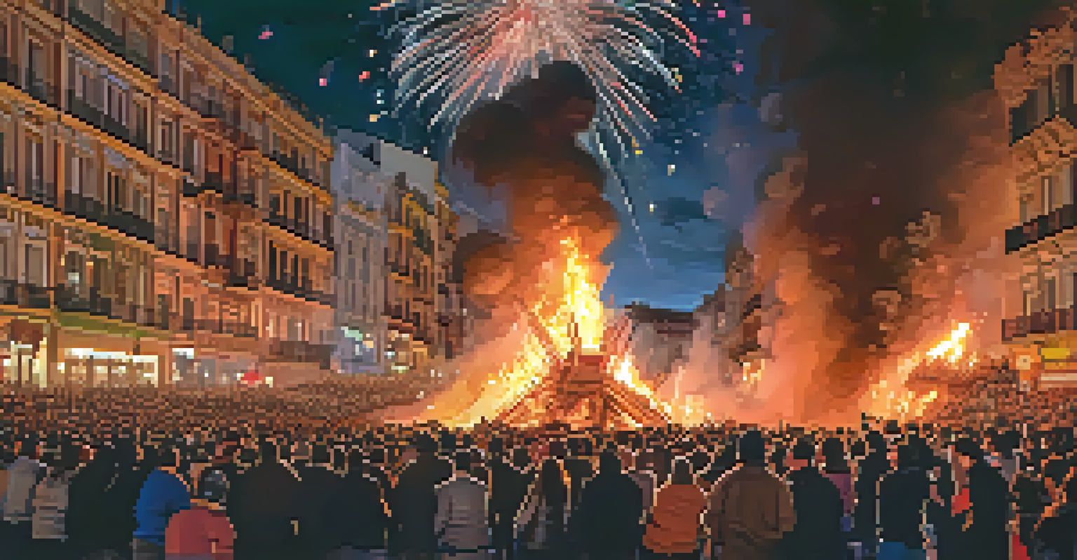 A breathtaking night scene of a falla being burned during Las Fallas festival, with fireworks lighting up the sky.