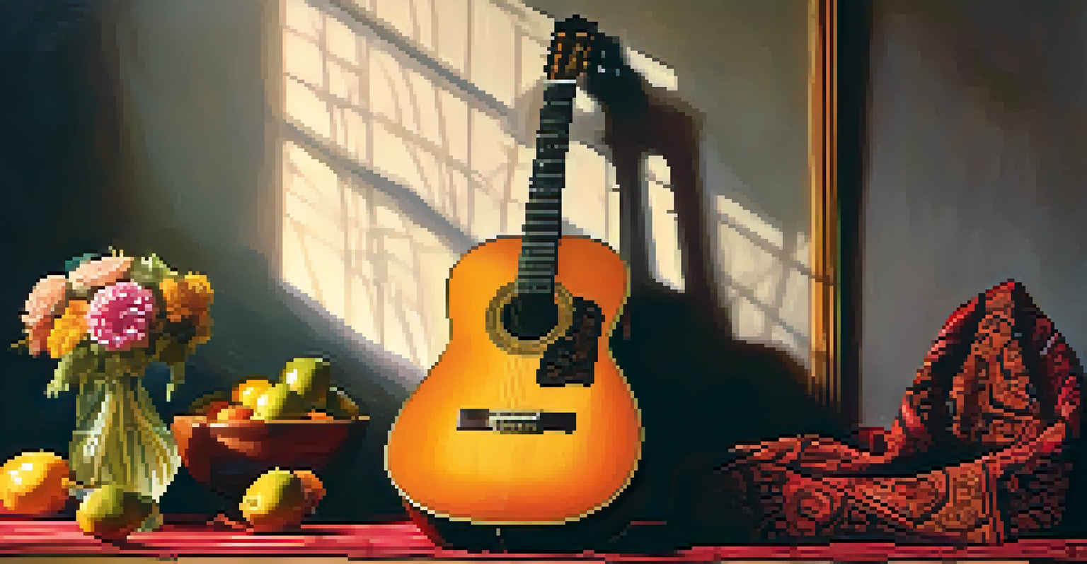 A still life of a Spanish guitar and flamenco dresses, with soft lighting enhancing the textures and colors.