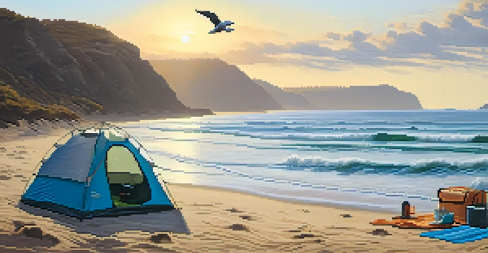 A peaceful beach at sunrise with a tent, waves, and seagulls.
