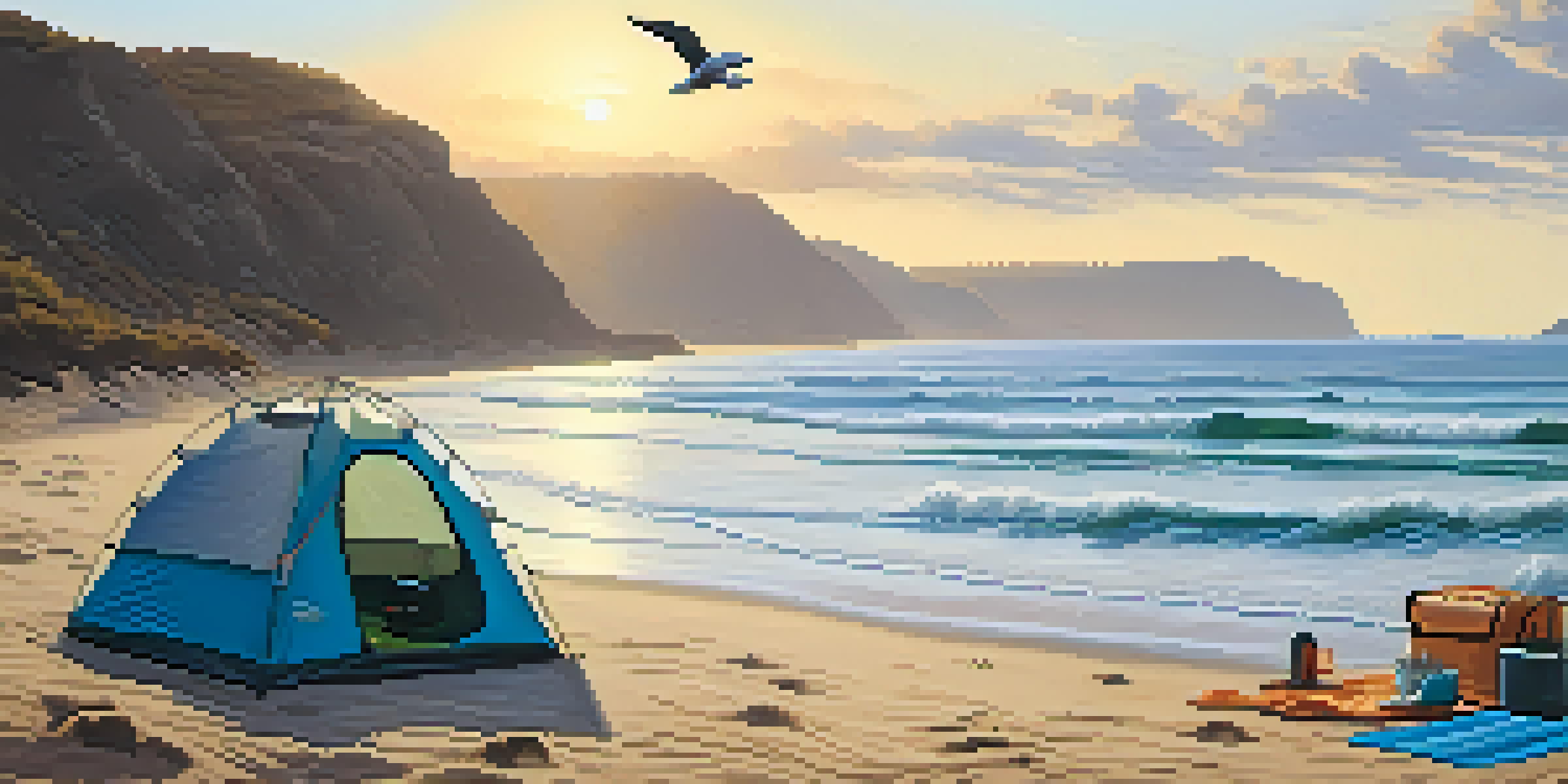 A peaceful beach at sunrise with a tent, waves, and seagulls.