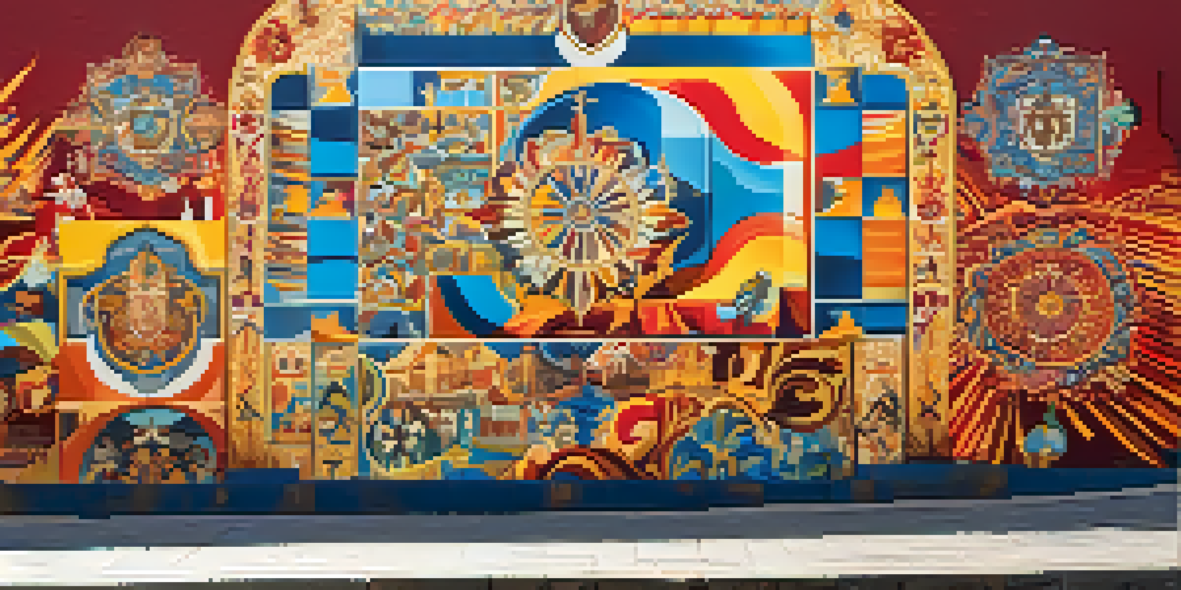 A colorful street mural in Barcelona with traditional motifs and political messages, illuminated by sunlight.