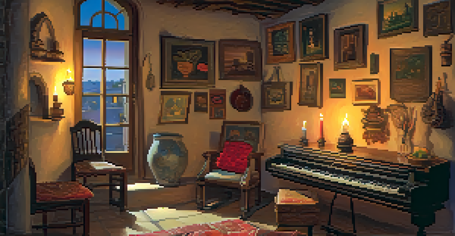 A cozy Spanish home interior with a playful spirit peeking from behind a chair, illuminated by candlelight.