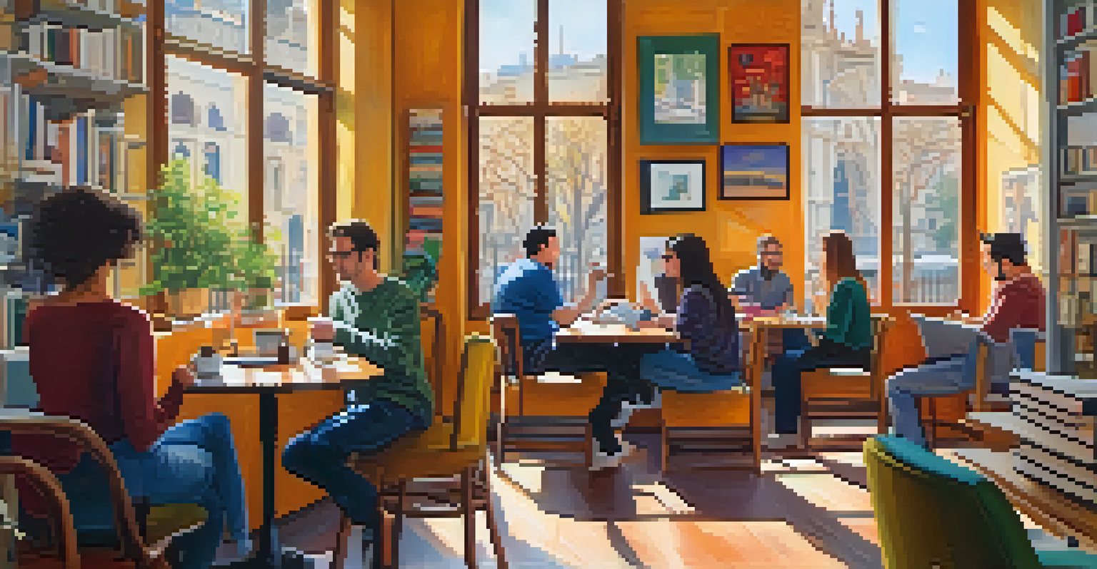 A lively café setting in Barcelona with writers discussing and working on their laptops.