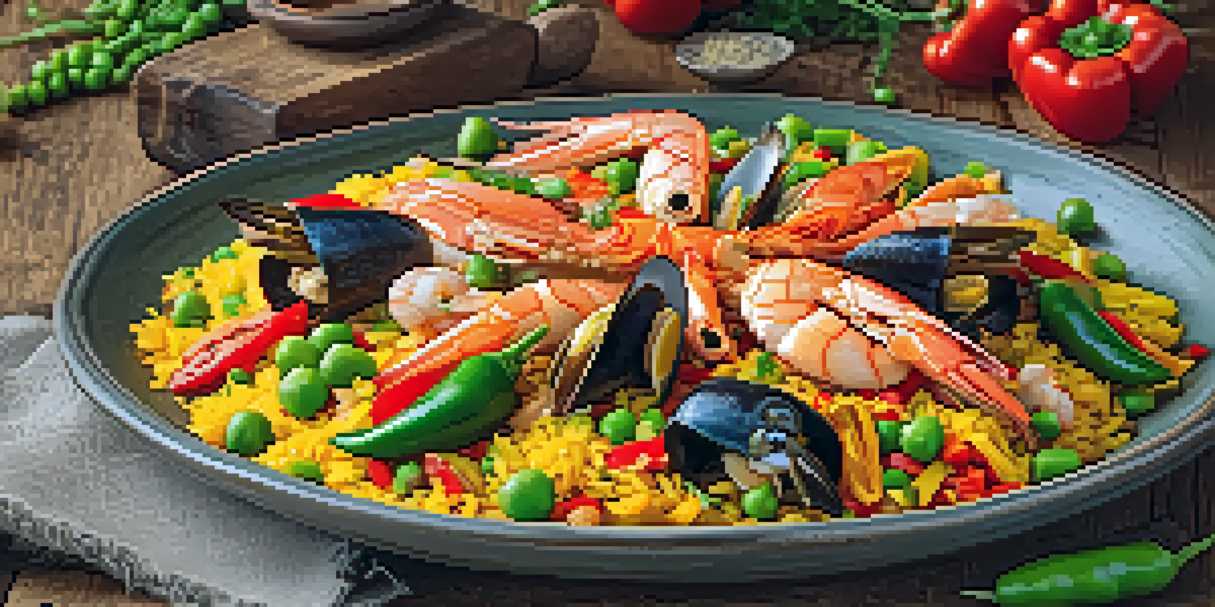 A colorful plate of Spanish paella with seafood, bell peppers, and peas on a rustic wooden table, illuminated by natural light.