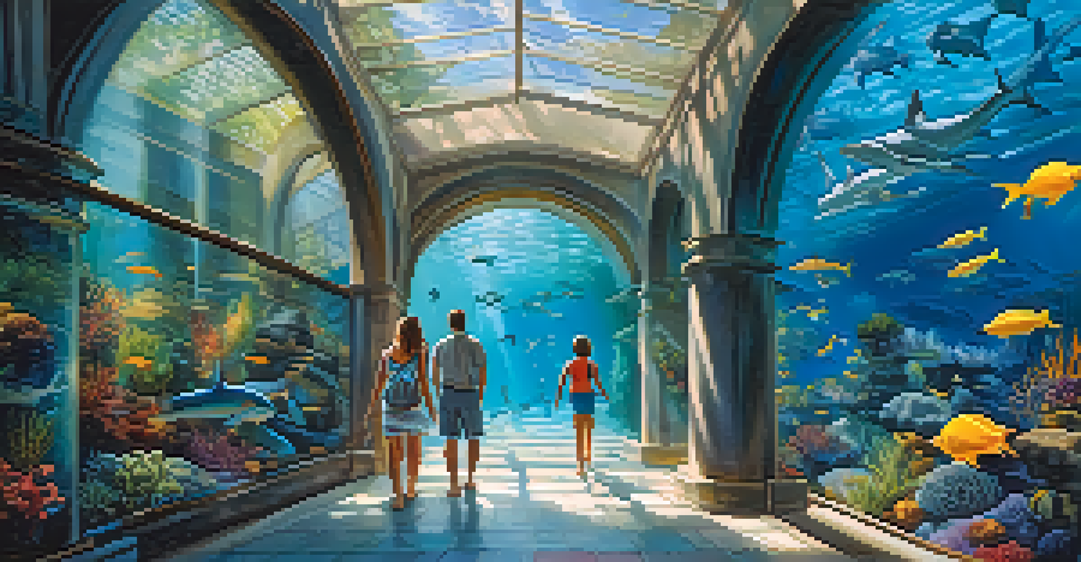 A family walking through an underwater tunnel at L'Oceanogràfic aquarium, with sharks and colorful fish swimming around them in a captivating marine setting.