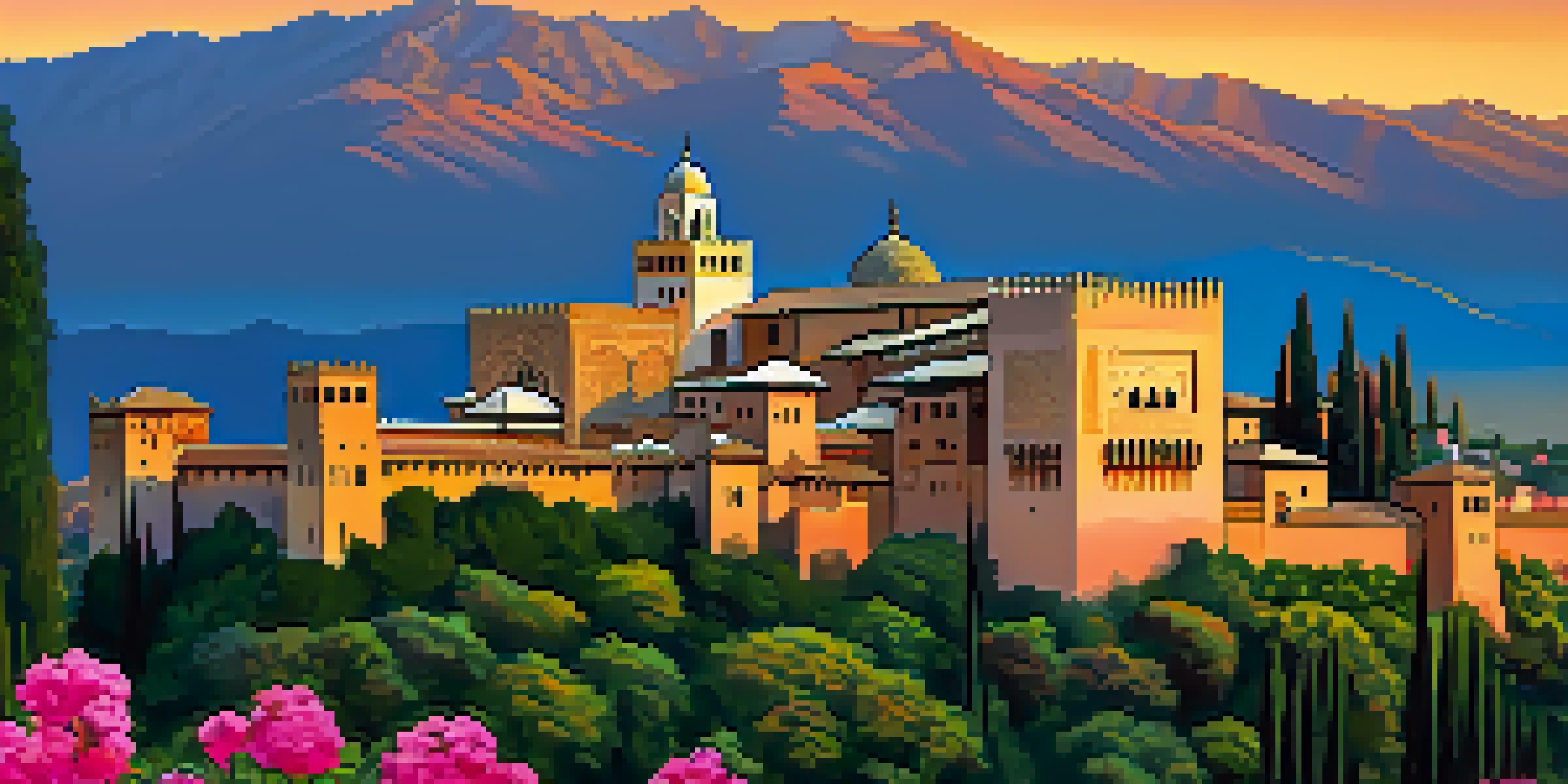 A sunset view of the Alhambra Palace with its intricate architecture and vibrant gardens.