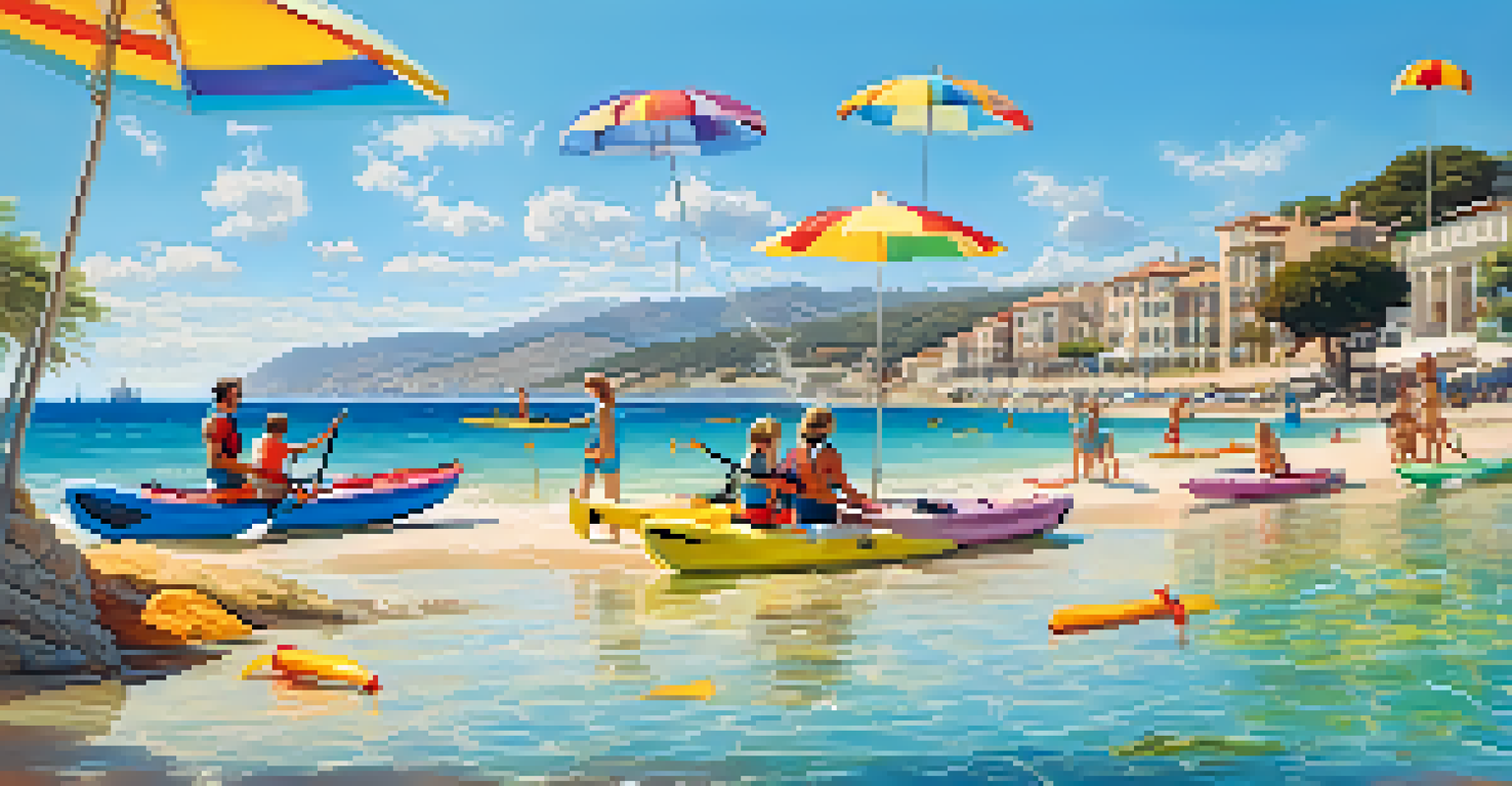 A family kayaking together in the vibrant waters of Spain, enjoying a fun day of water sports.