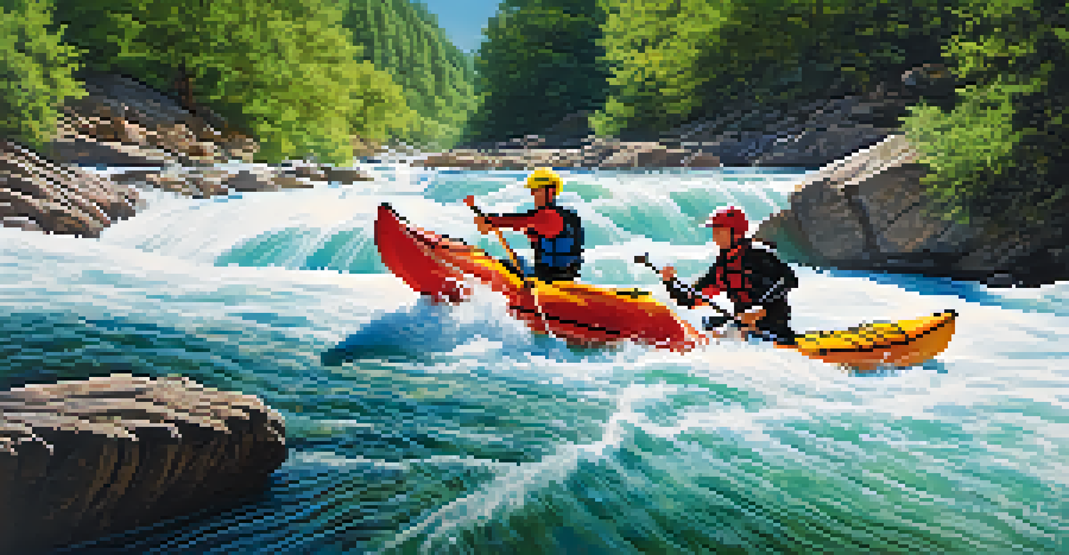 A group of kayakers navigating whitewater rapids with splashes of water around them.