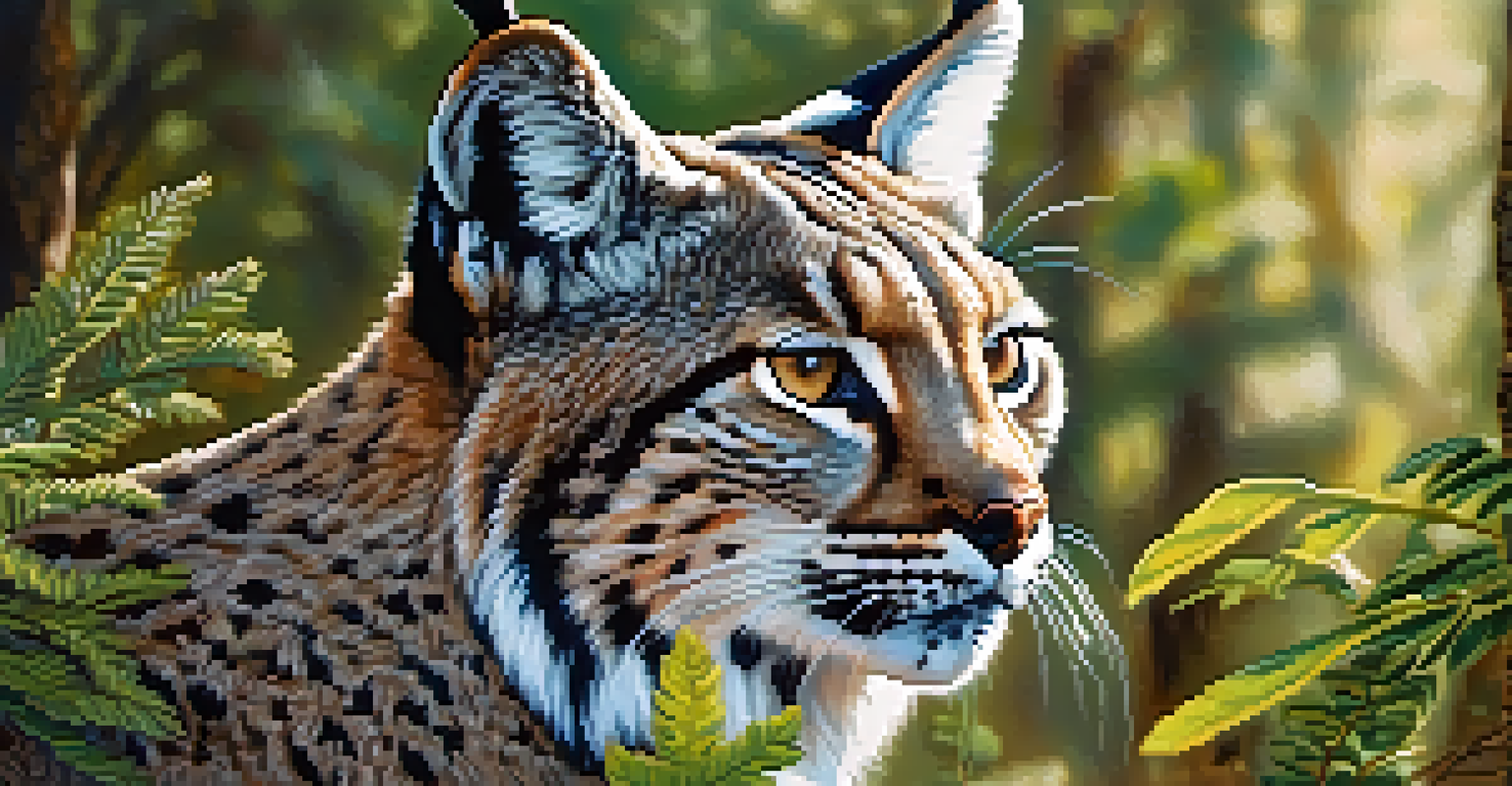 A close-up of an Iberian lynx, highlighting its unique features in a natural park setting with dappled sunlight.