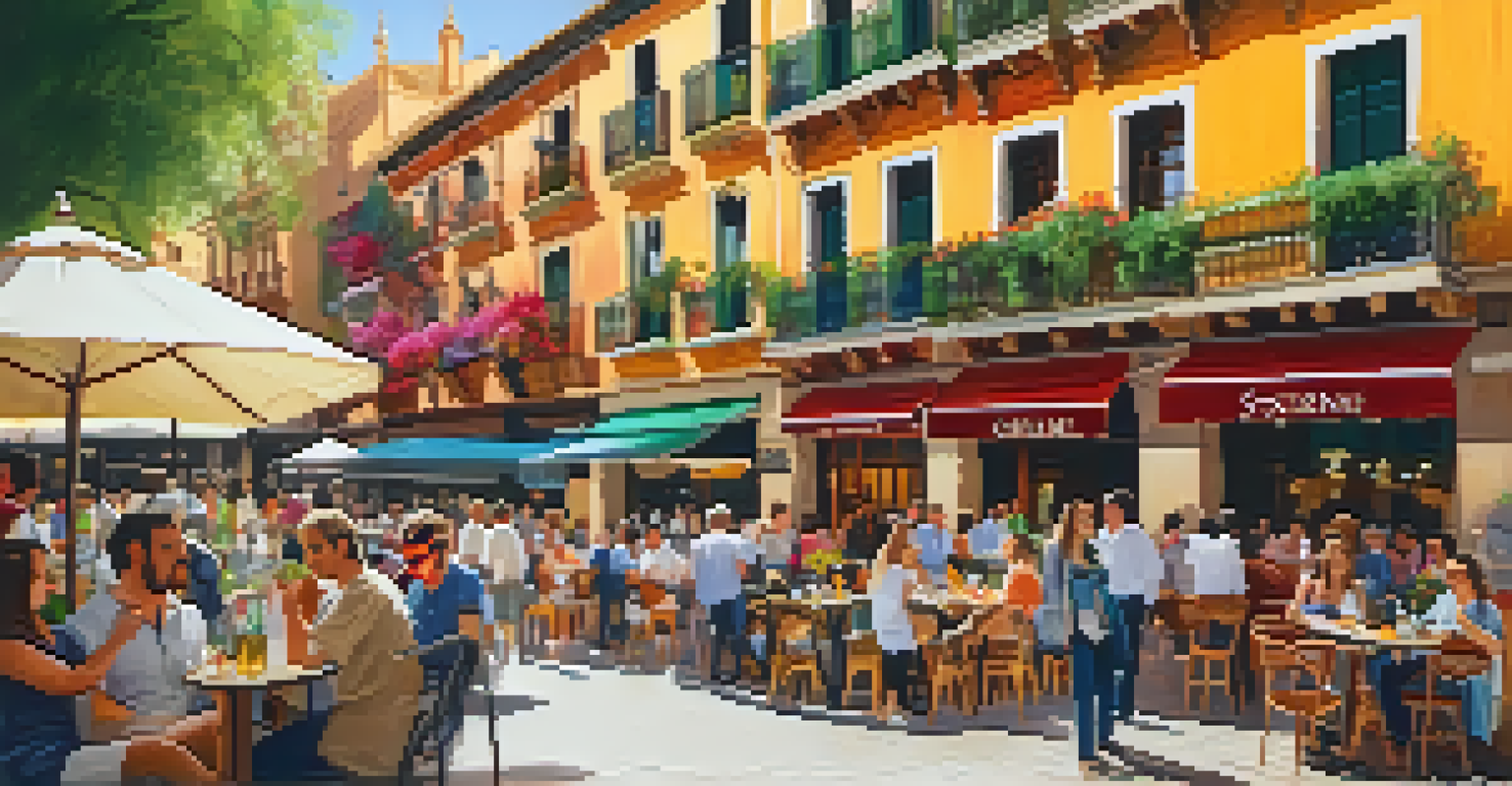 A lively street in Seville with colorful buildings, outdoor cafes, and people enjoying tapas.